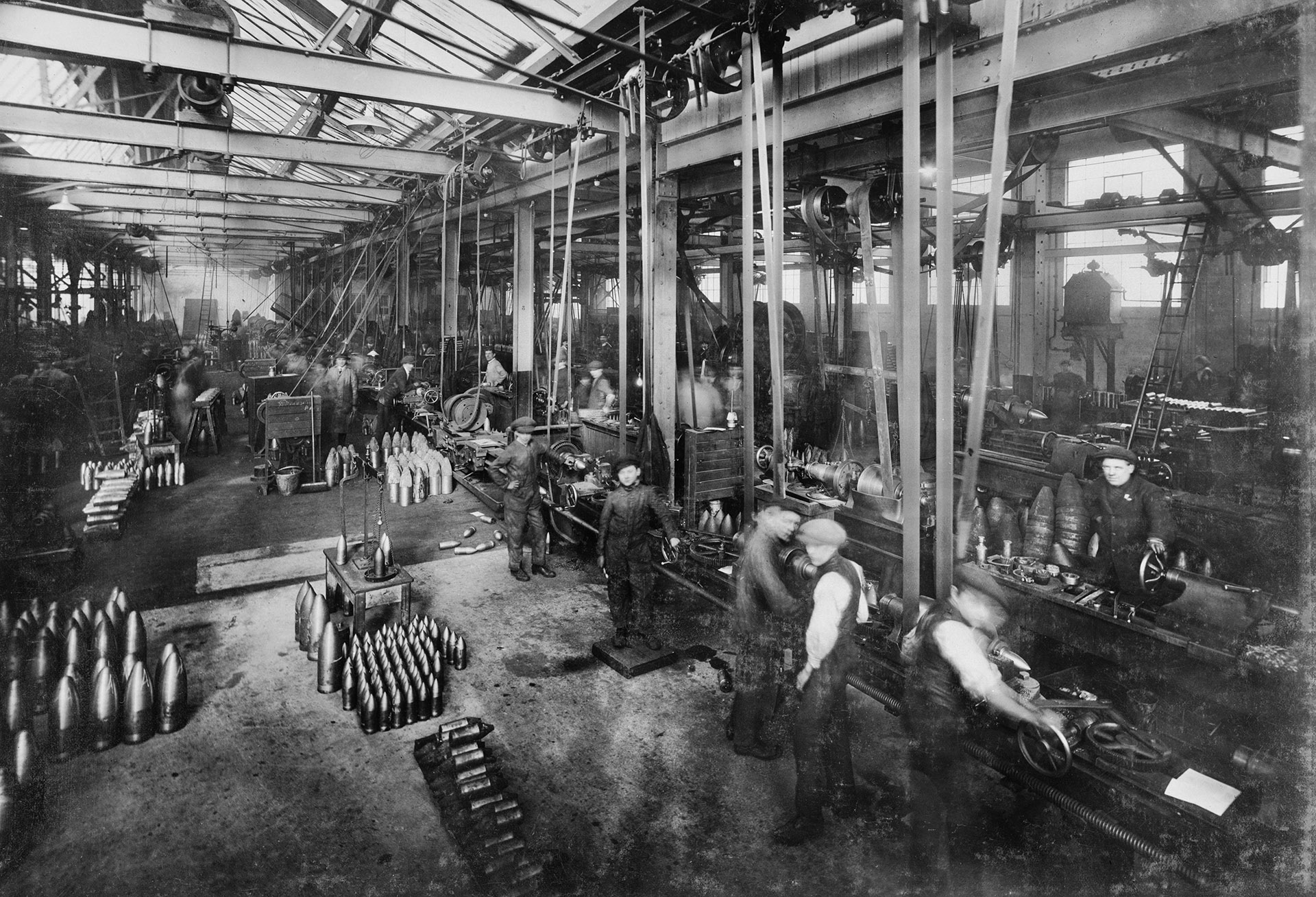 Harper and Sons, Dudley, men use lathes to manufacture shells of various calibres