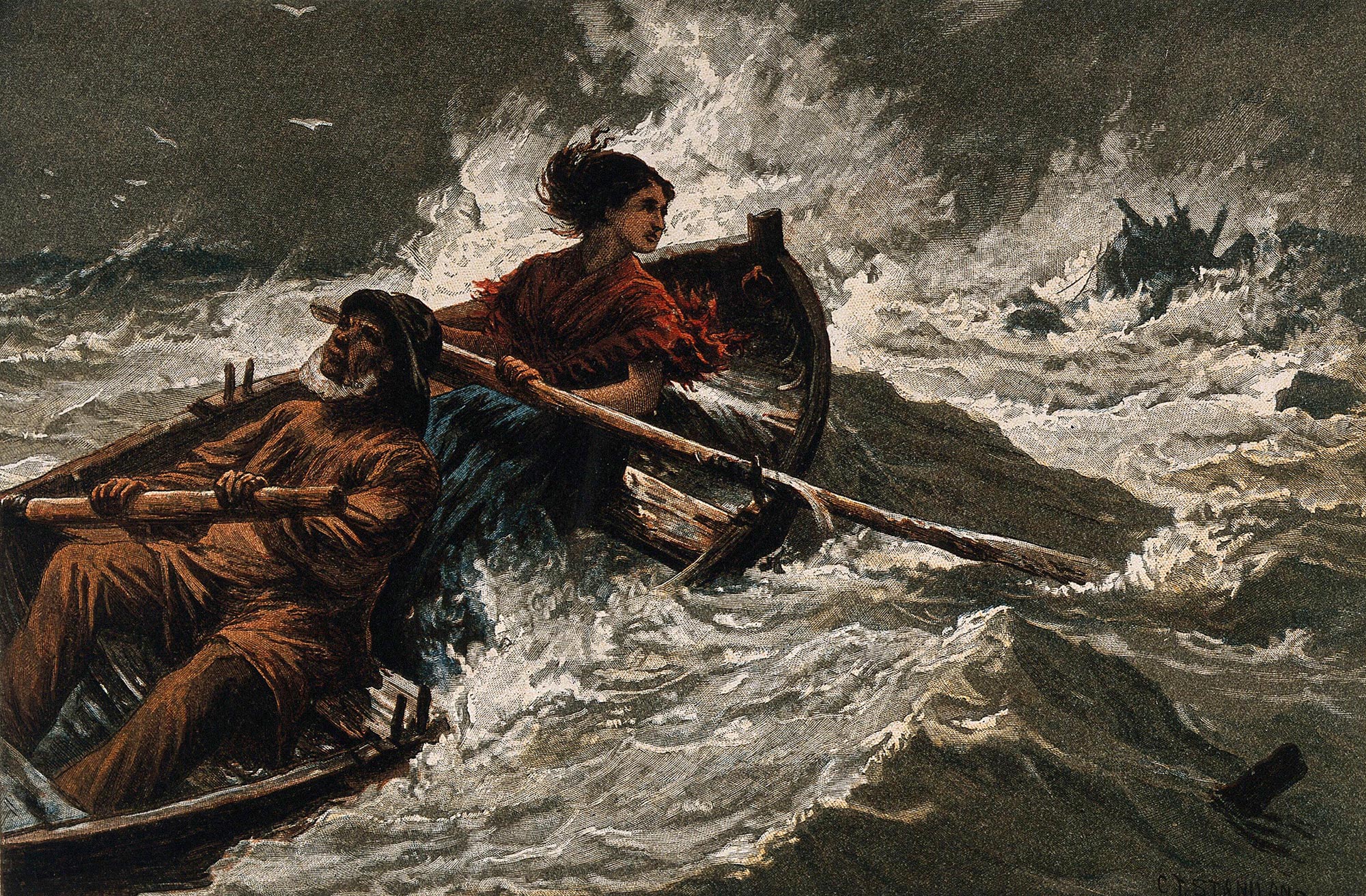 Painting of a man and woman rowing a boat in a storm.