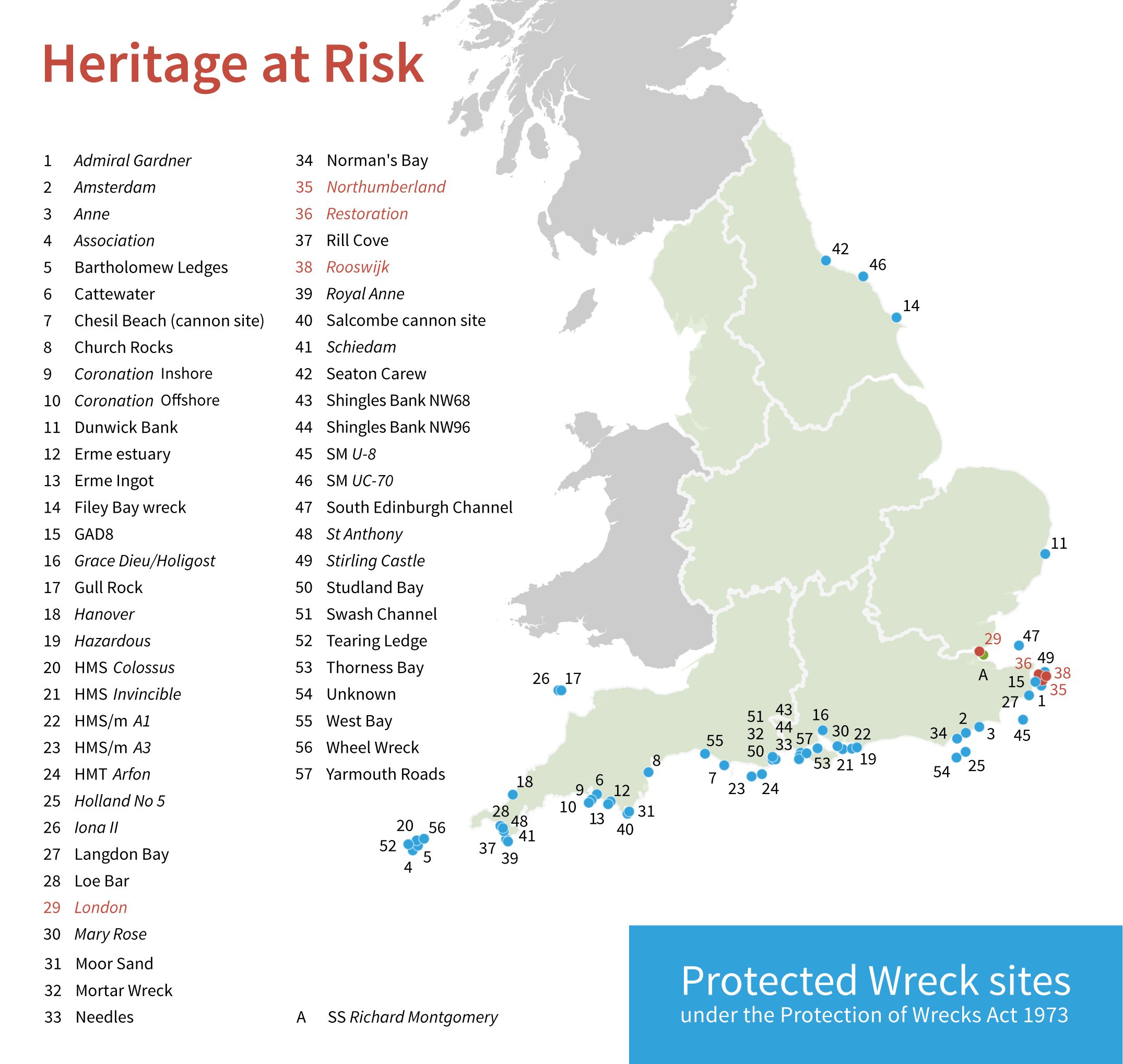 A map showing 57 protected and designated wreck sites, primarily along England's South and East Coasts. Four of the wrecks; the London, the Northumberland, the Restoration, and the Rooswijk are highlighted in red, as sites 'at risk'. These are all in the Thames Estuary, and the Dover Straight.