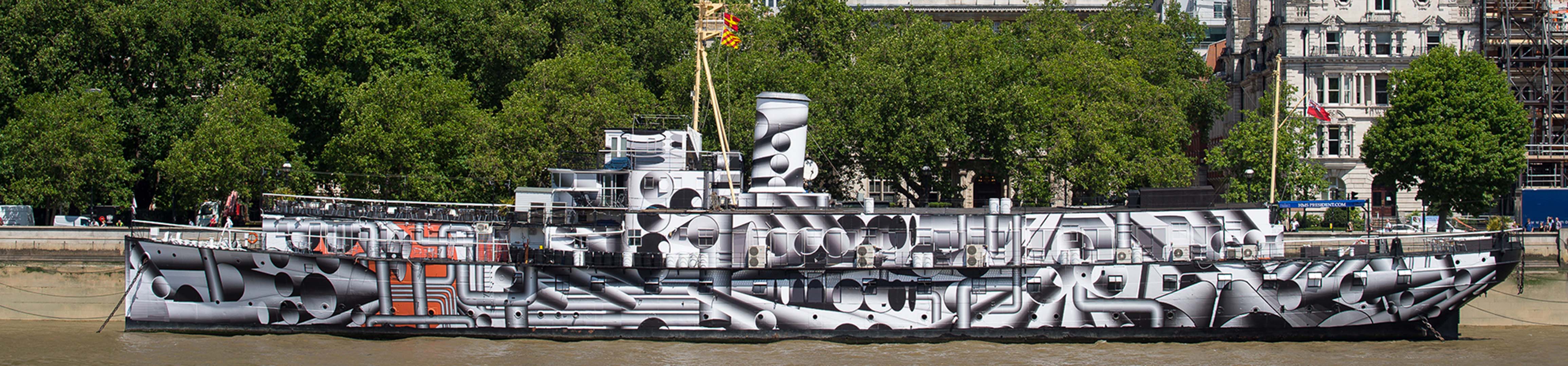 HMS President, London, originally built in 1918 as HMS Saxifrage, as part of the centennial commemorations the ship has been painted in a scheme inspired by wartime dazzle camouflage