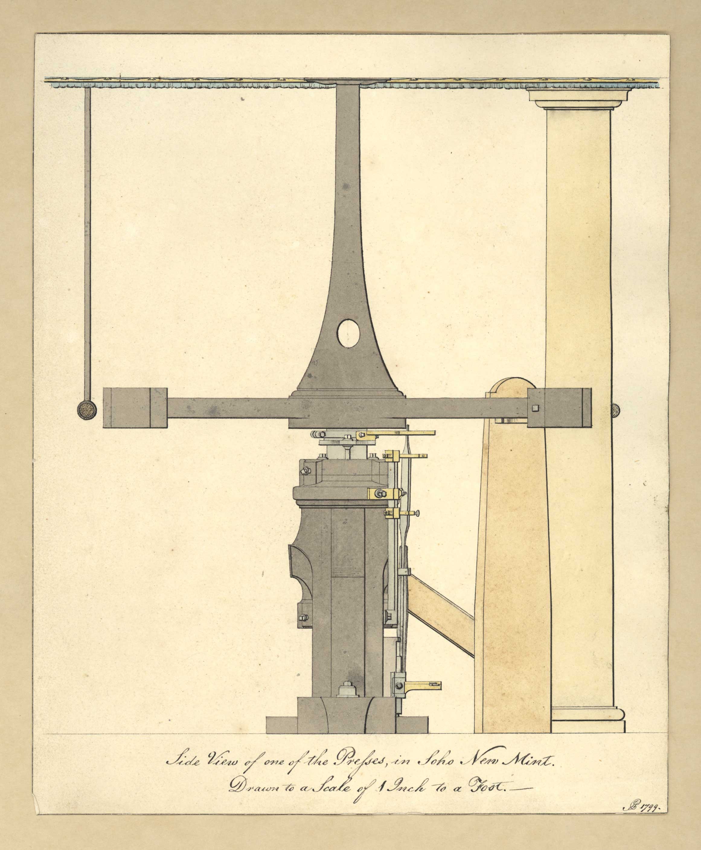 Side elevation of a coining press with the trumpet above