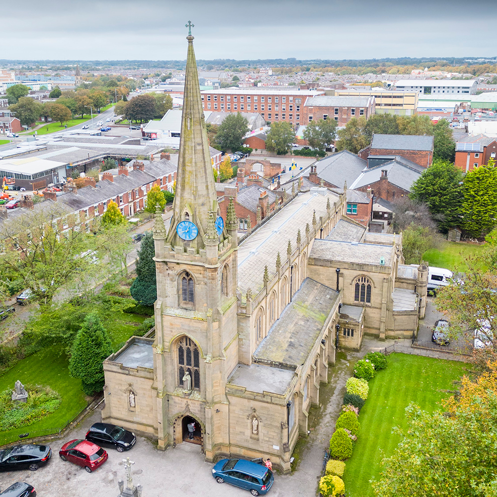Exterior, general view by drone of Cathedral, view from south east.