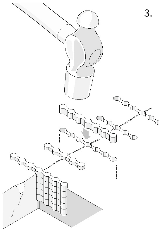 Image 3 of 6: Diagram of a hammer driving metal stitches into the linked holes in a cracked metal block.