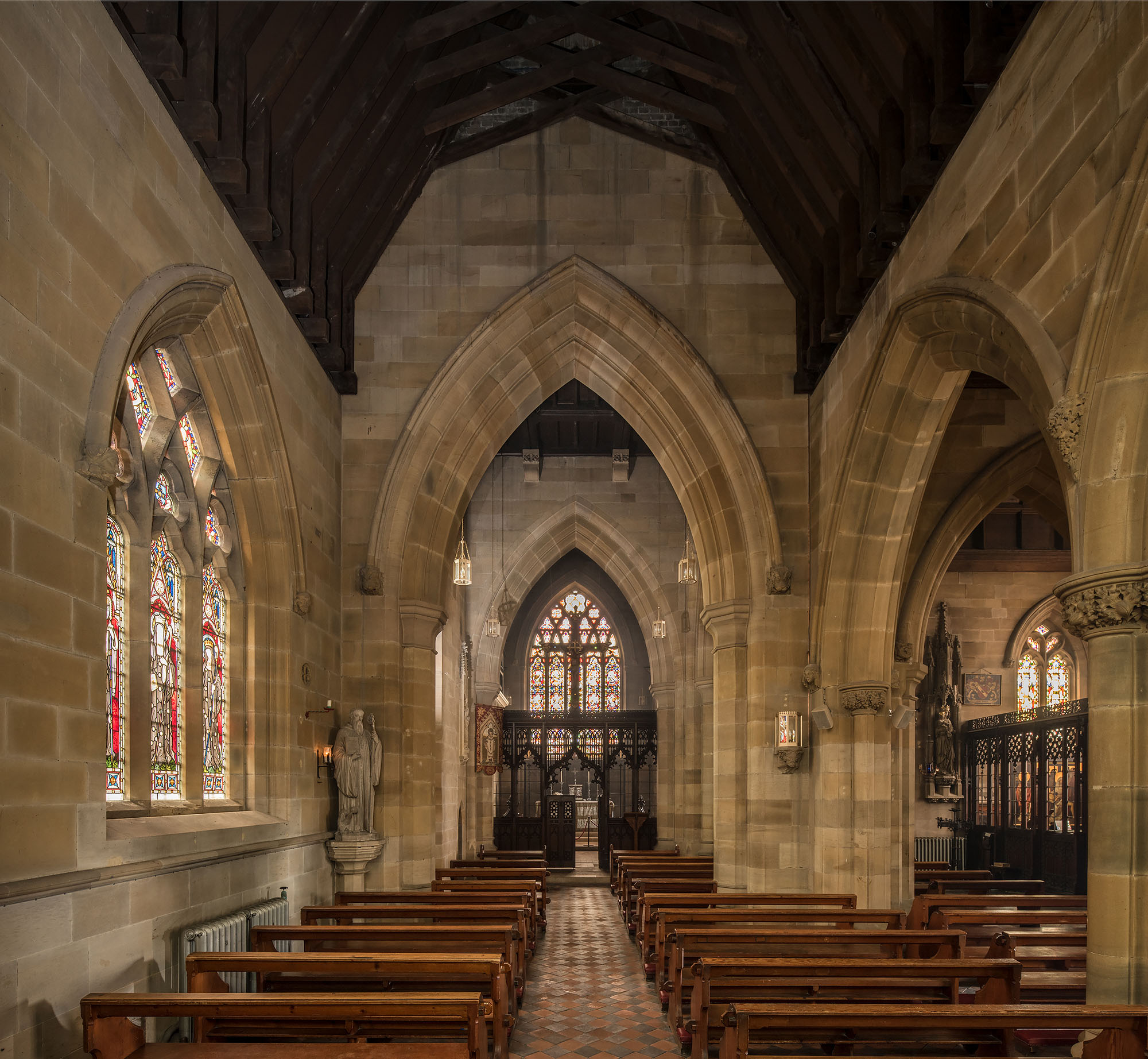 View from the nave looking east towards the chancel and chantry.