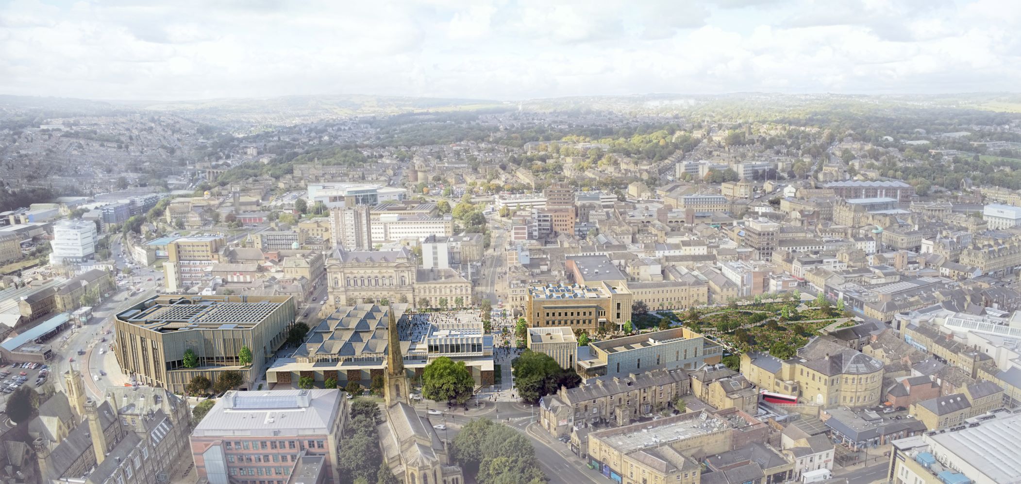 An artist's impression of new town centre development as seen from the air.