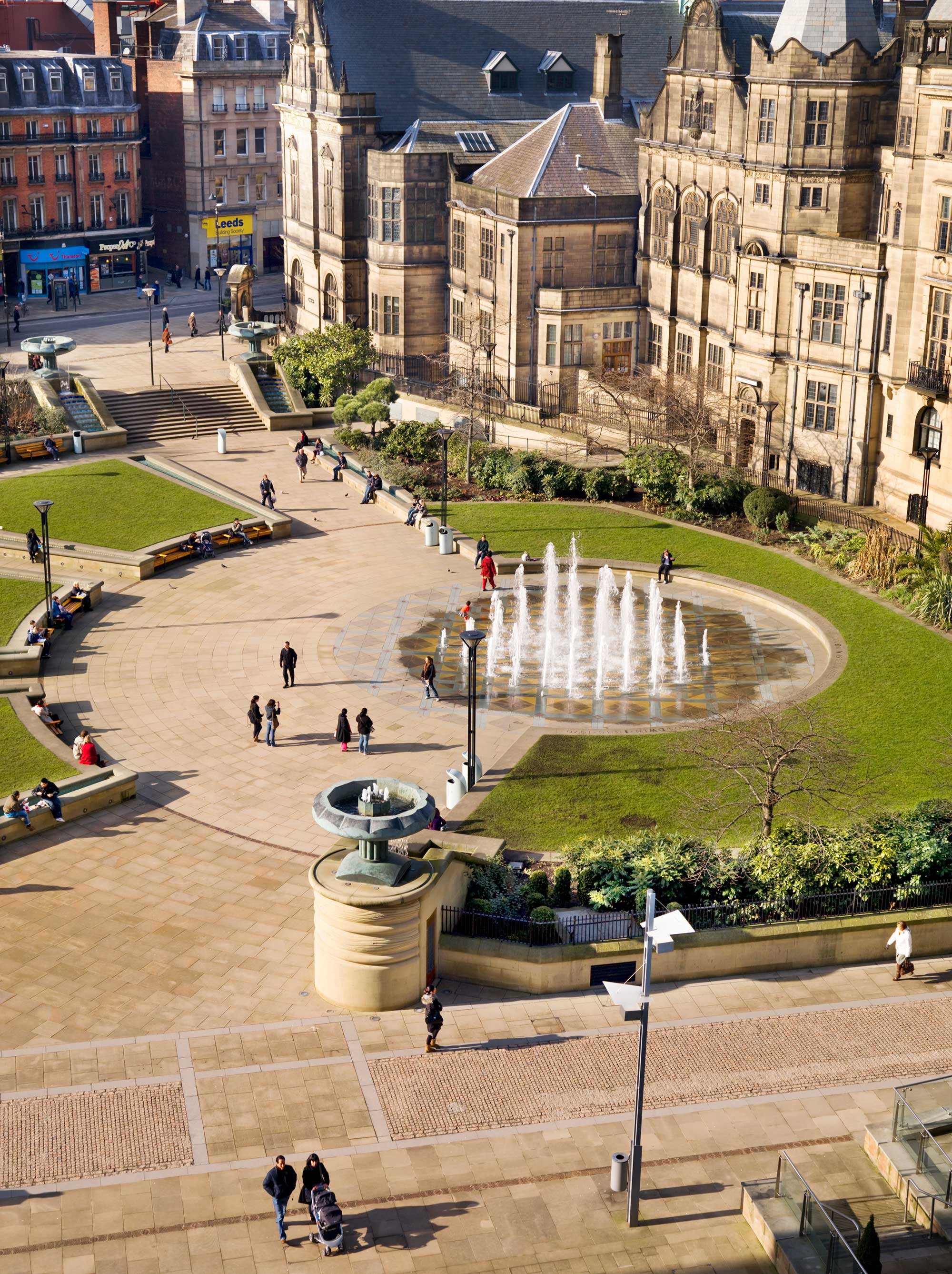 Aerial view of Peace Gardens, Sheffield.