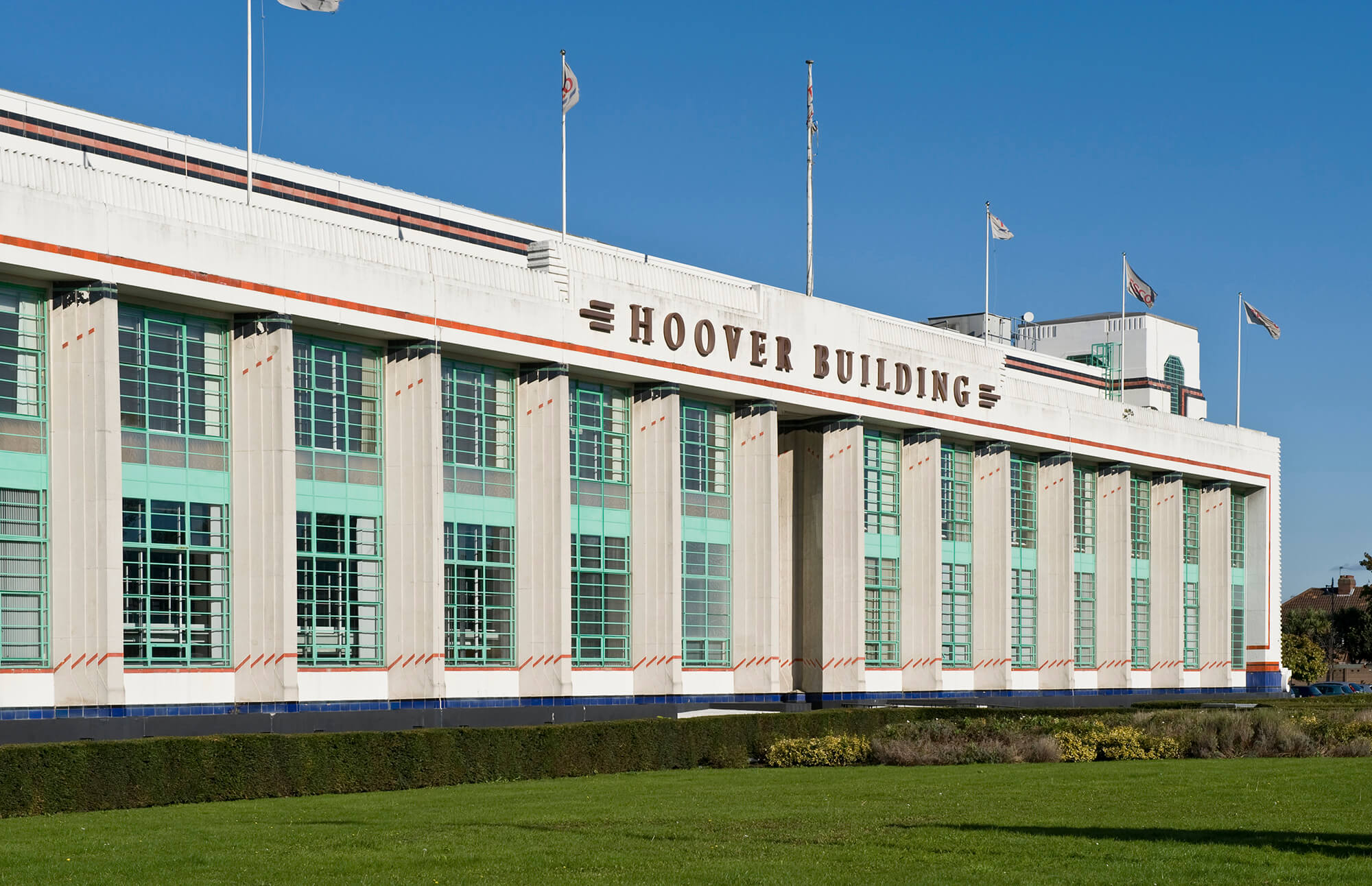 Front view of the Egyptian Art Deco Hoover Factory.