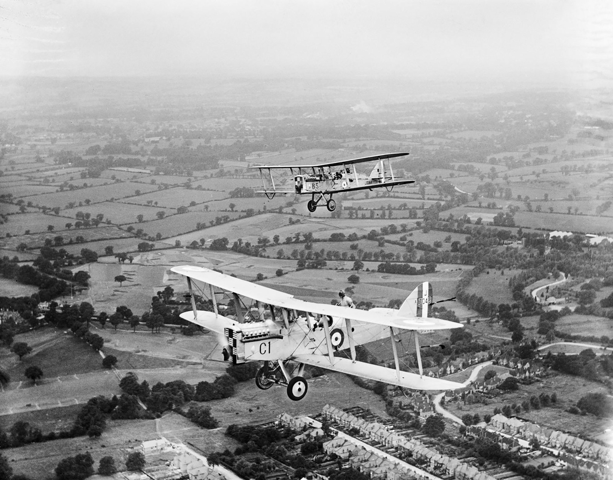 A DH9 biplane in flight at an RAF aerial pageant in 1924.