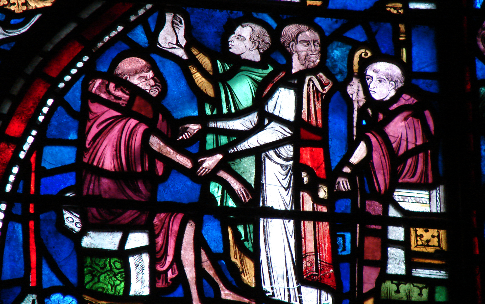 A stained glass depiction of Elias the leprous monk