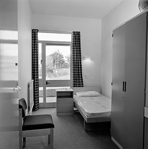 Inside a single bedroom in the newly constructed Employment Rehabilitation Centre in Ingol, Preston 1978. 