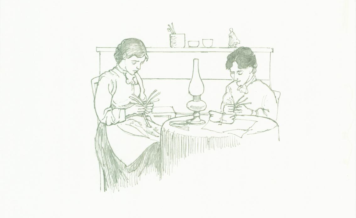 A pencil drawing of women plaiting hair