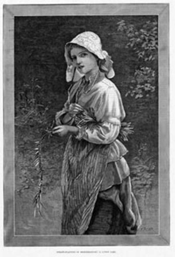 An etching of a young luton girl plaiting straw