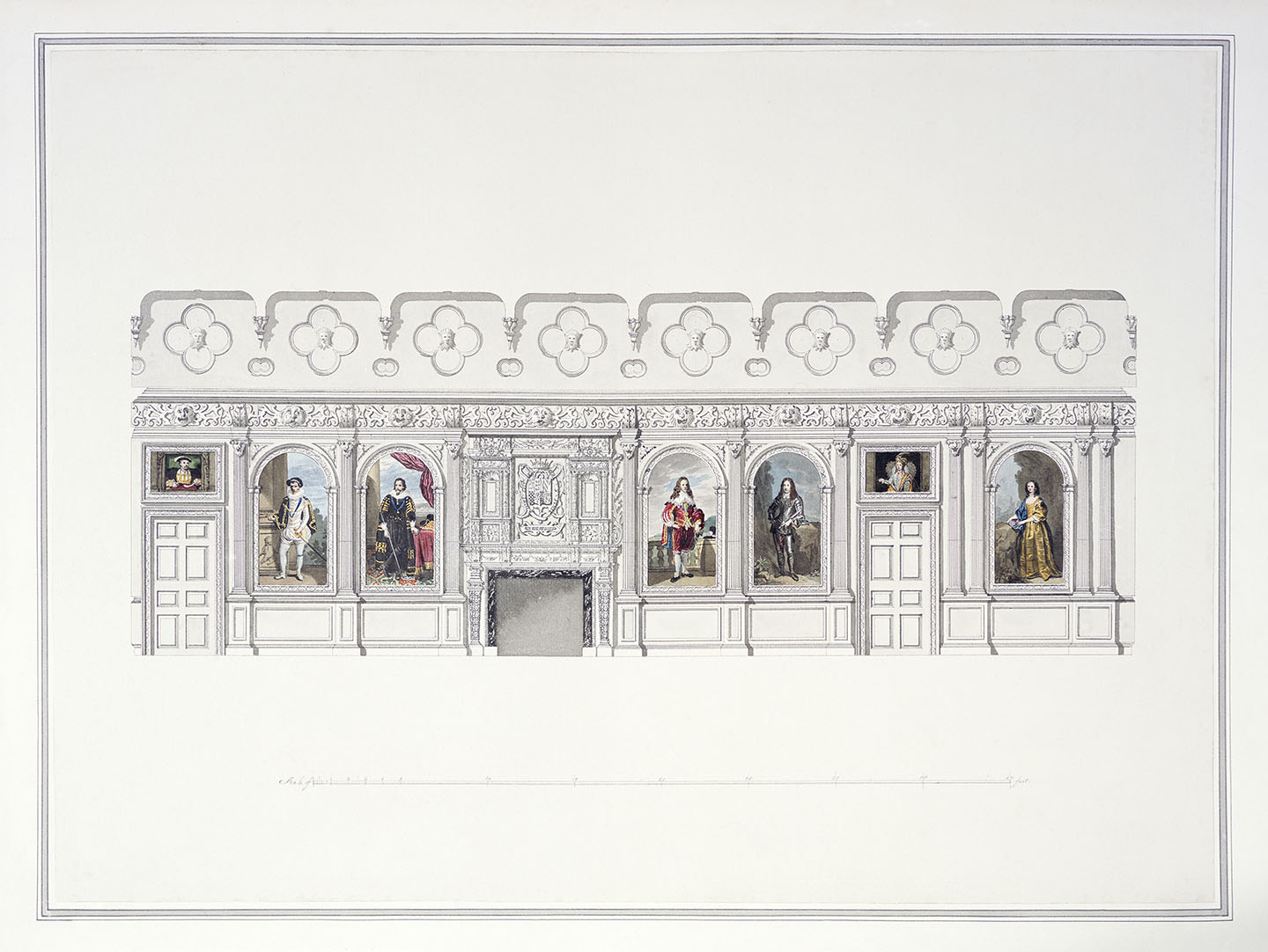 Audley End. Record drawing by Placido Columbani of the east wall of the saloon, c 1781.