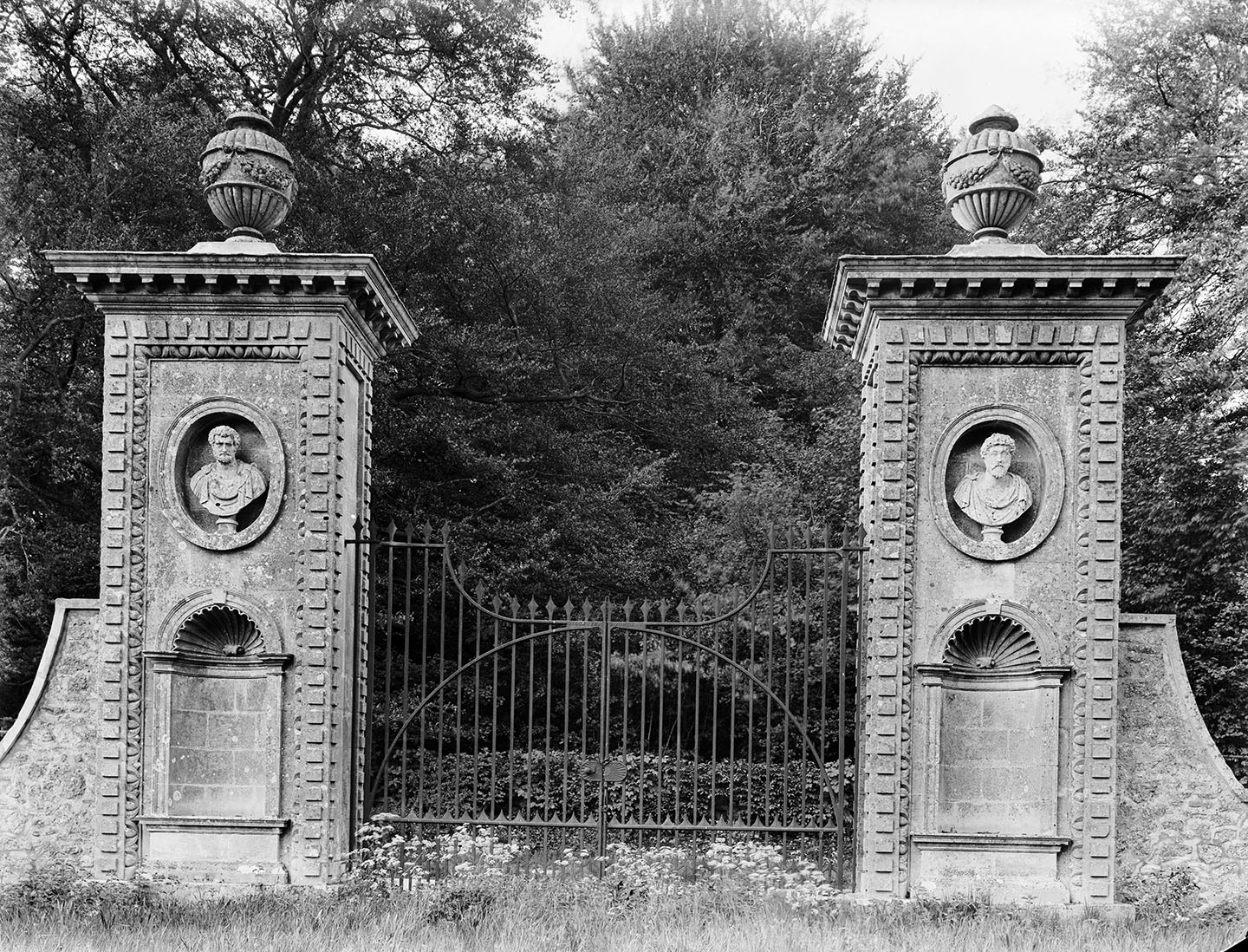 View of 17th-century gate piers which still stand at Coleshill Park.