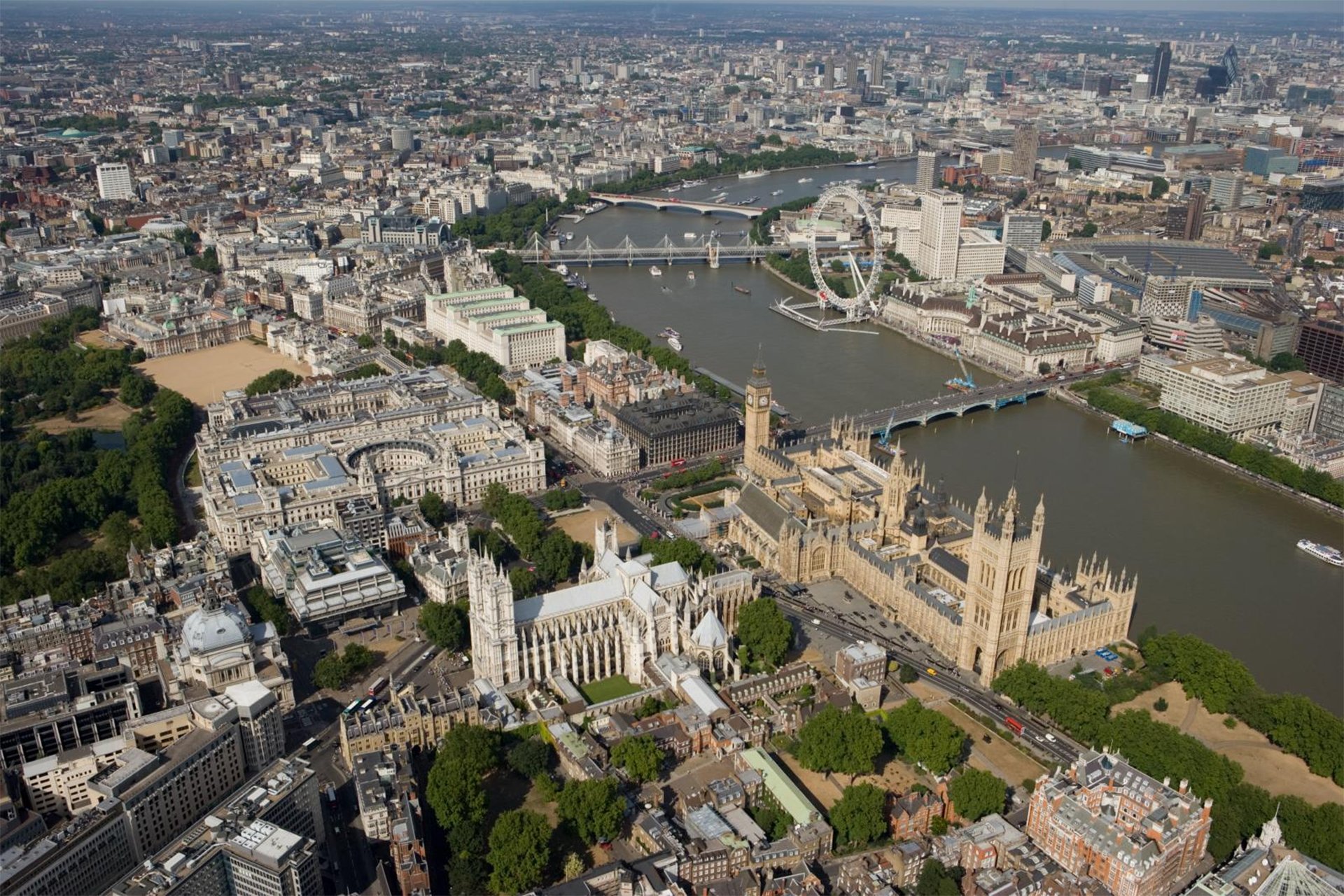 Aerial view of the river Thames and Westminster