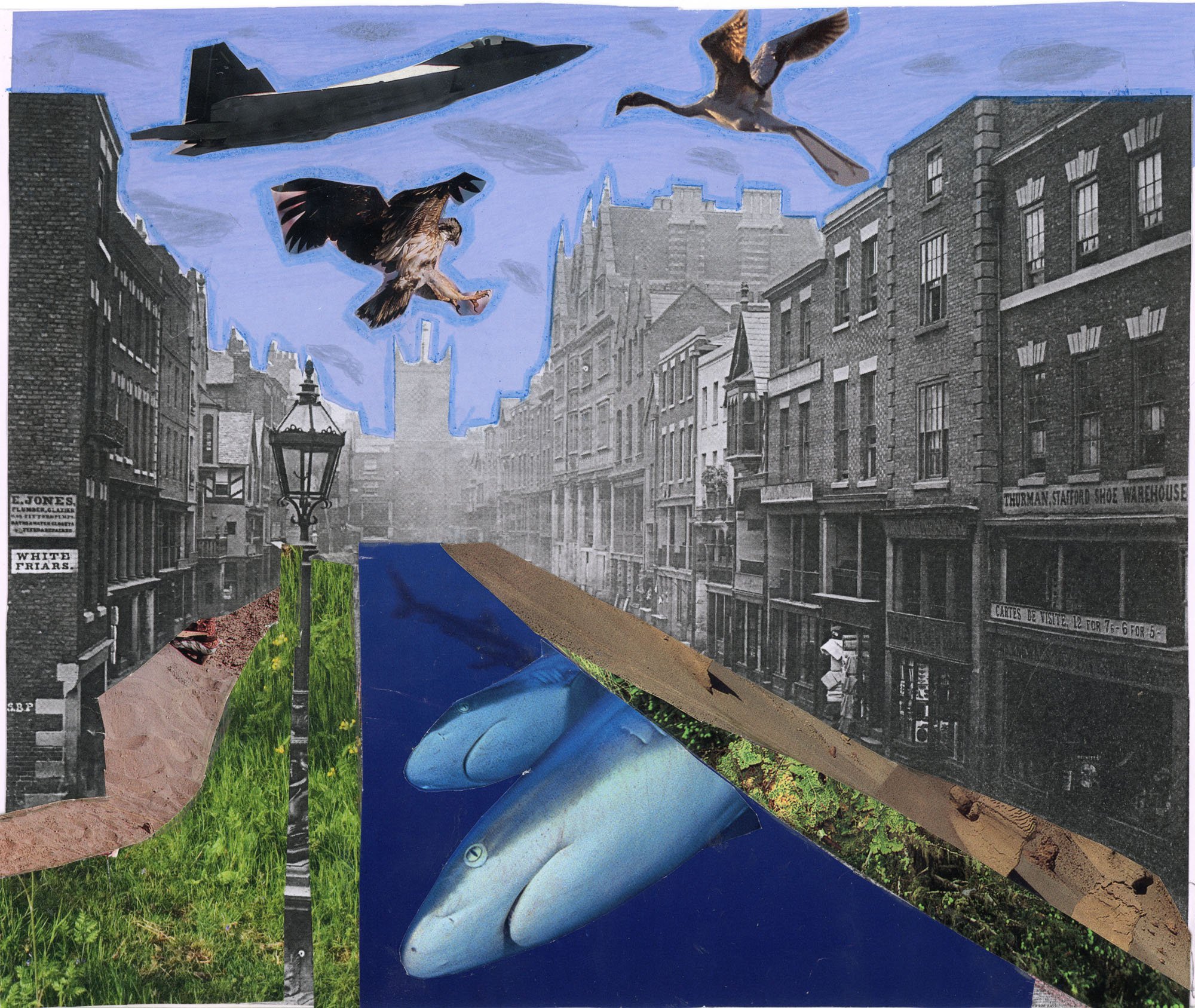Old black and white photo of buildings collaged with images of a fighter jet and birds in the sky above and great white sharks swimming in the road surface.