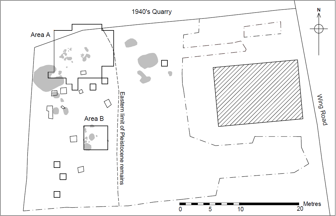 Plan of main areas of excavation and evaluation test pits at Glaston (grey tone showing limestone rafts)