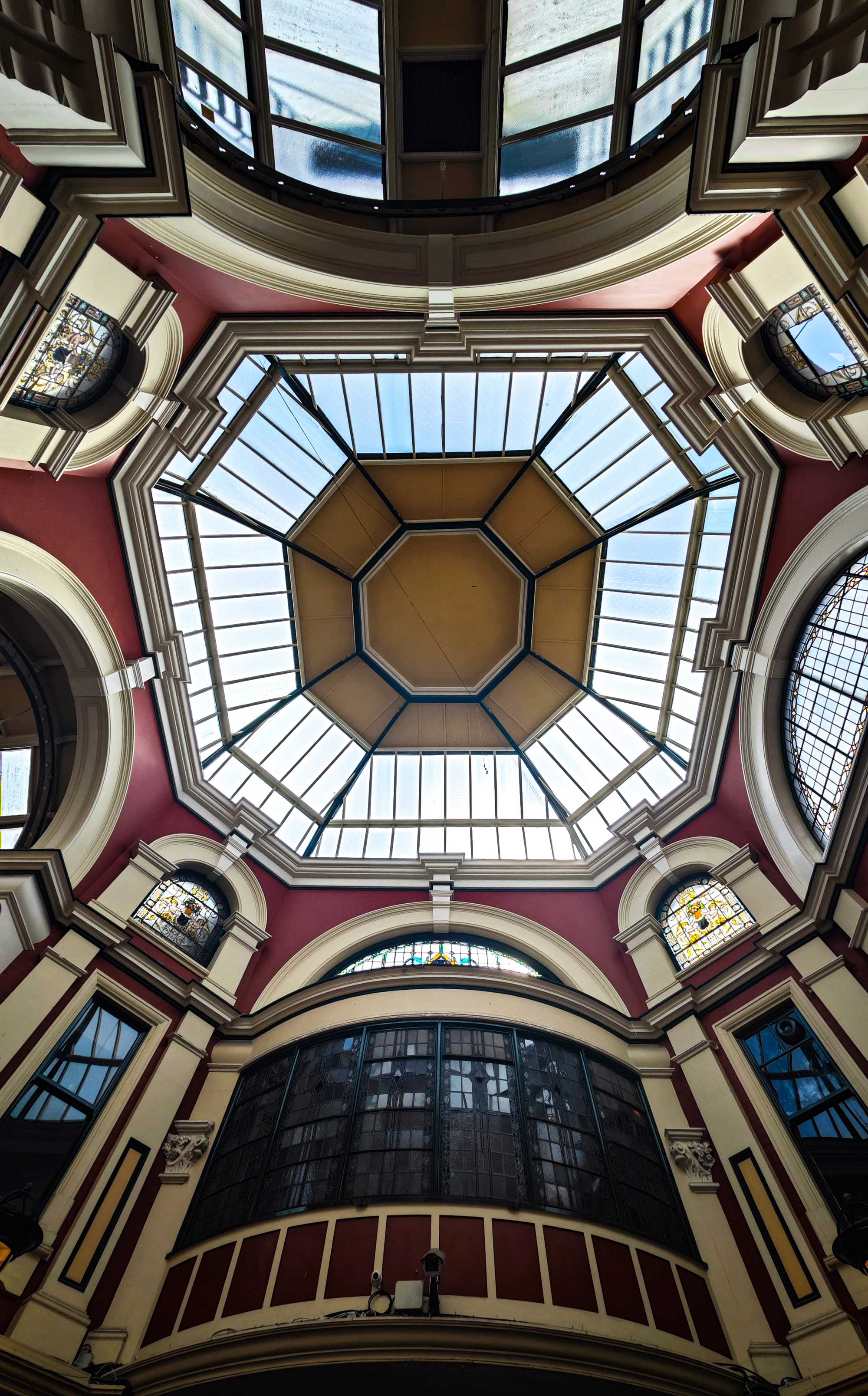 View looking up at an atrium roof