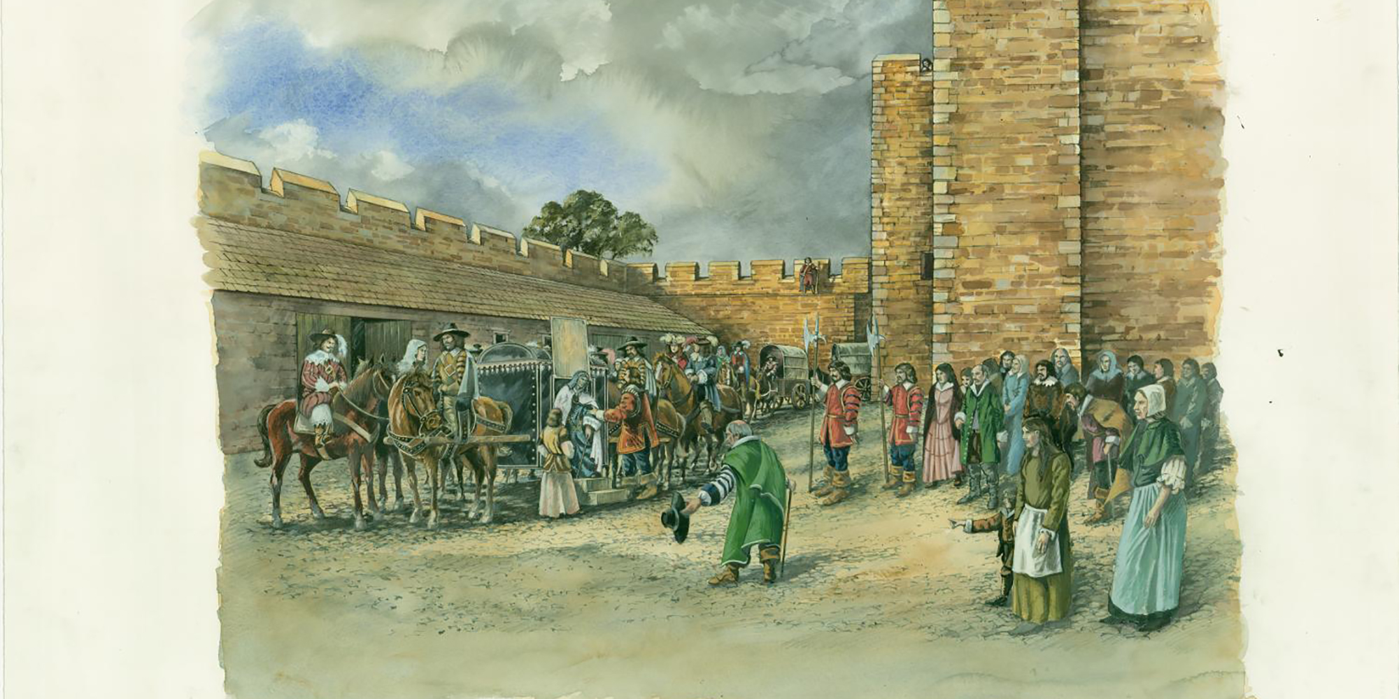 A pencil and watercolour artwork depicting a woman in 17th Century attire stepping from a carriage into a fortified courtyard.