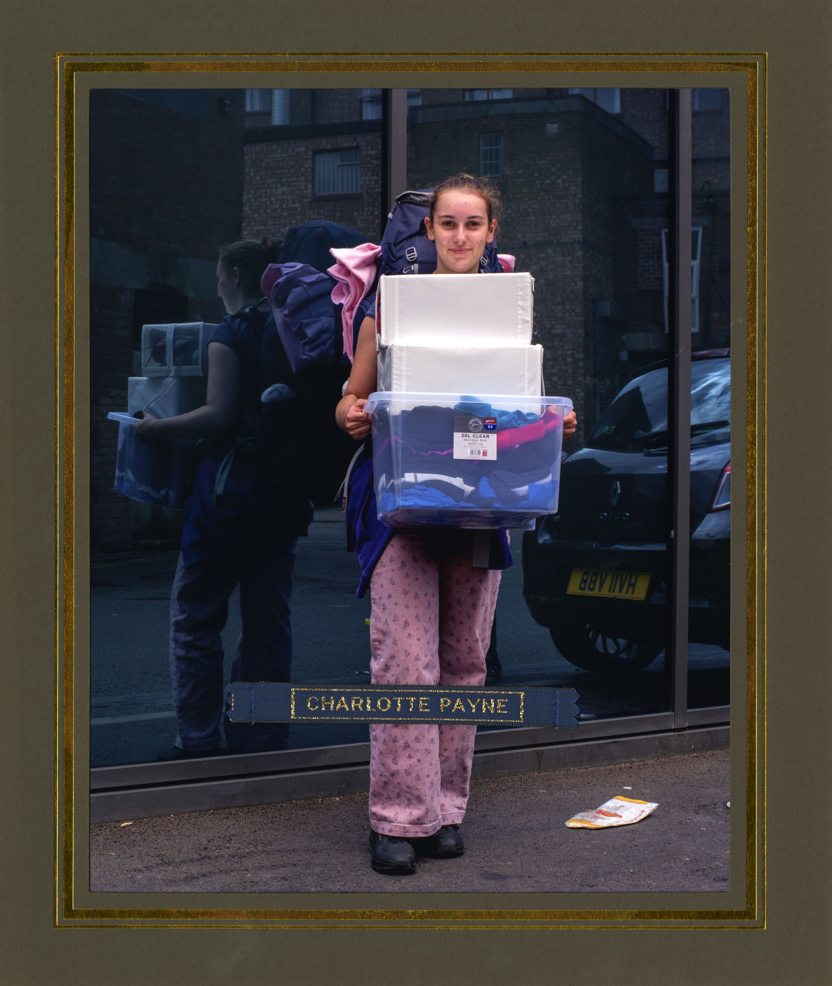 Charlotte Payne with her belongings on moving in day outside Millennium View student halls. Palmer Lane, The Burges.