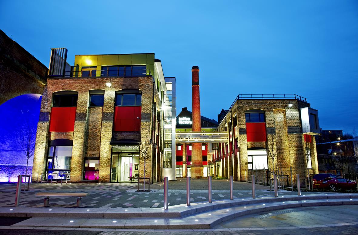 View of the Toffee Factory lit up