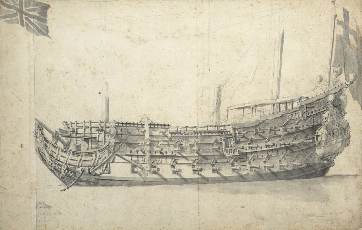 Pencil and wash portrait of a warship in broadside view, with a flag flying from the stern at right, and only the lower portions of its masts visible. At top left is a separate drawing of a Union Jack.