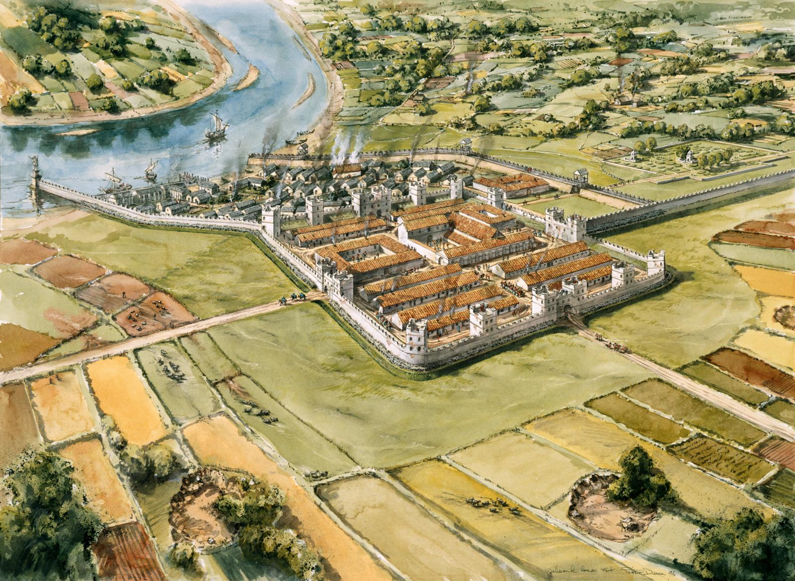 Aerial view reconstruction drawing of Wallsend Roman Fort