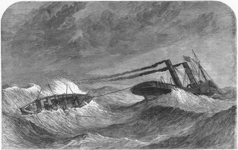 An illustration of paddle steamer the Lelia on rough seas with small lifeboat behind loosing oars as it's turned on its side by a large wave.