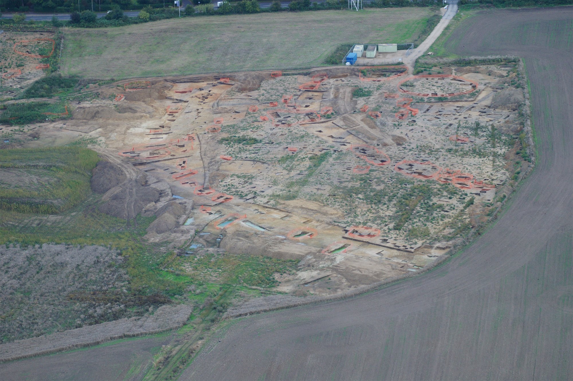 Aerial photograph showing the excavation of the Neolithic causeway.