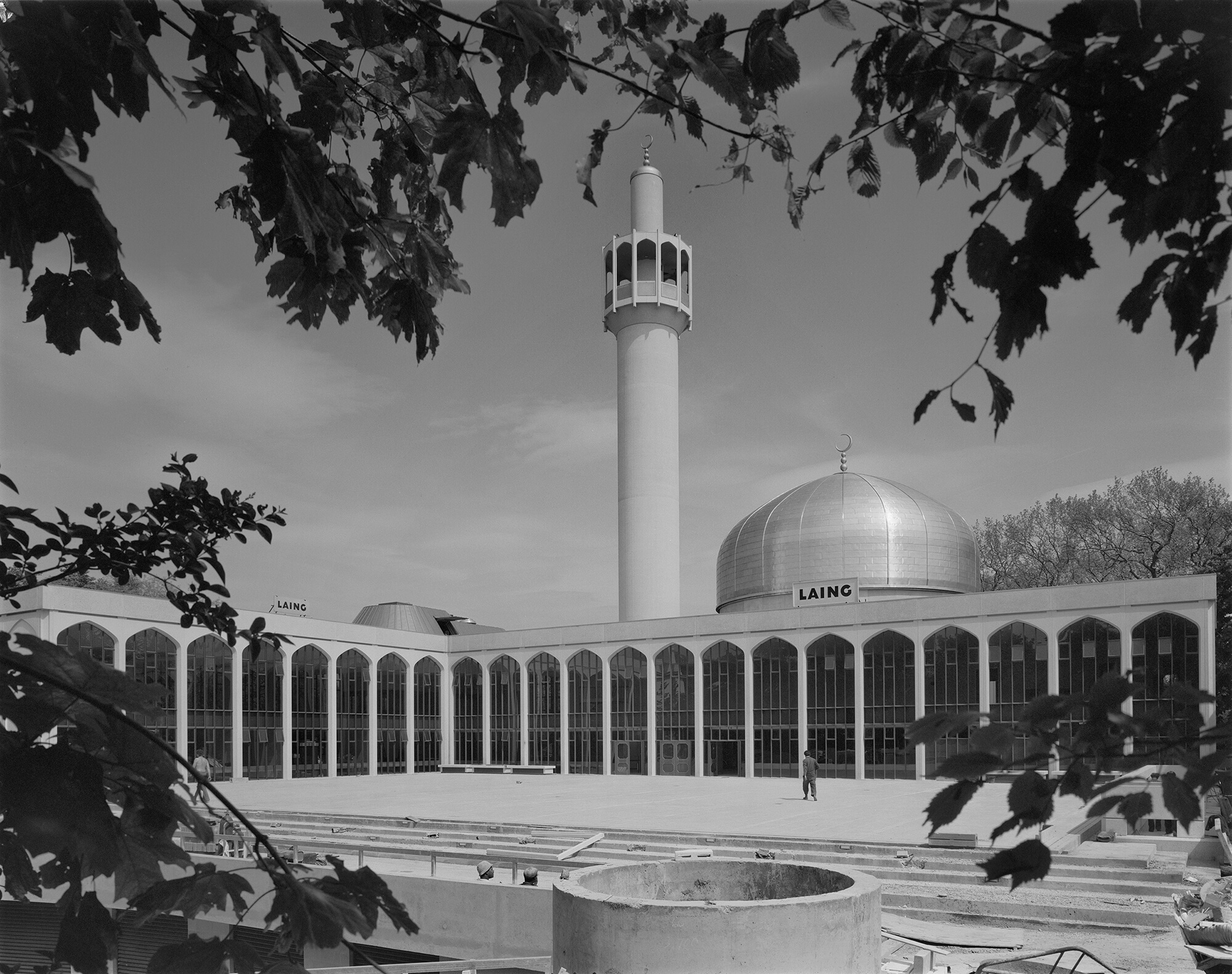 Black and white photograph of newly completeted London Central Mosque.