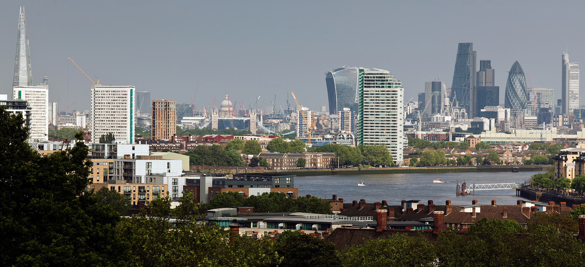 Panoramic view towards the City of London with high rise buildings