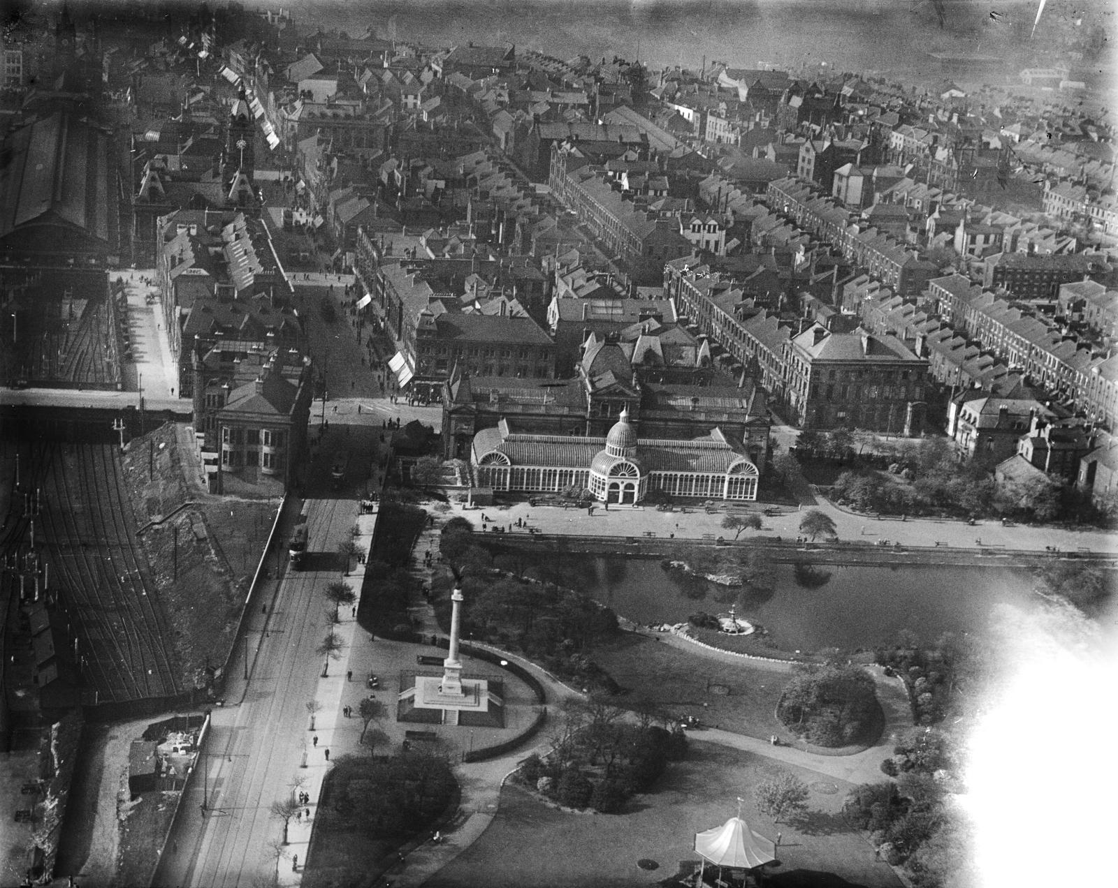 Old black and white photo showing an aerial view of the Winter Gardens.