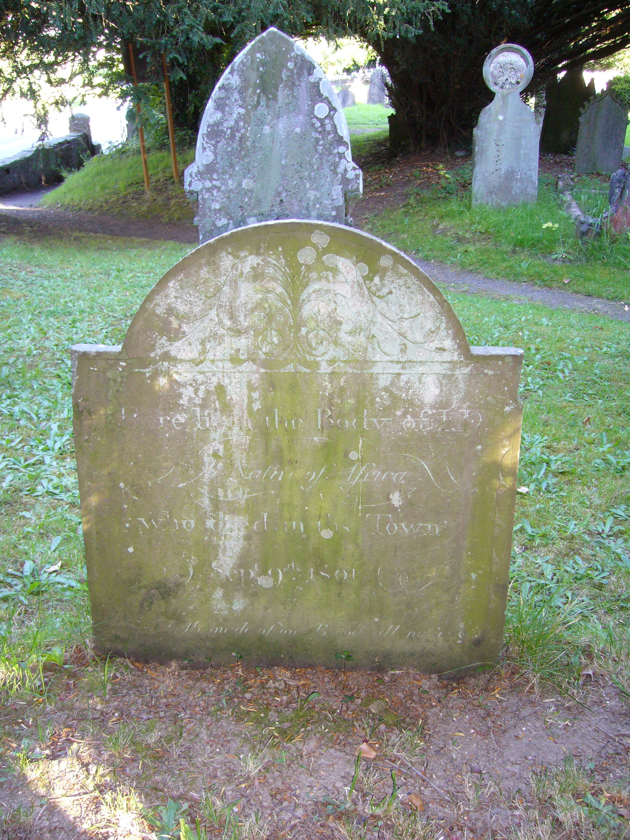Modestly-sized headstone in a grassy churchyard; behind are other graves. An arched, shouldered, top, filled with foliate carving. The inscription is in a mixture of Roman and italic scripts; the date ‘Sept 9th 1801’ can just be made out.