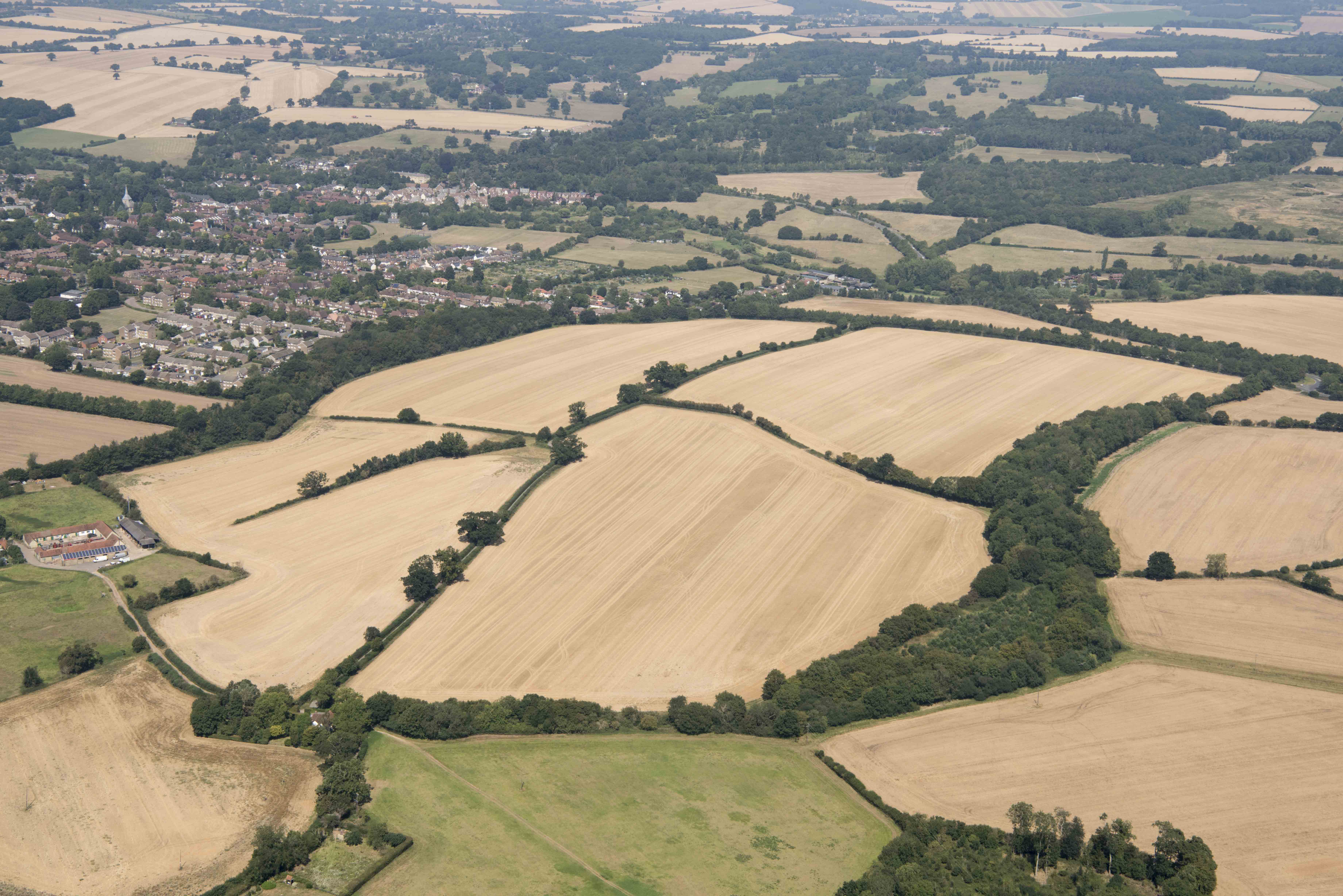 Aerial view of Wheathampstead earthwork and surrounding landscape