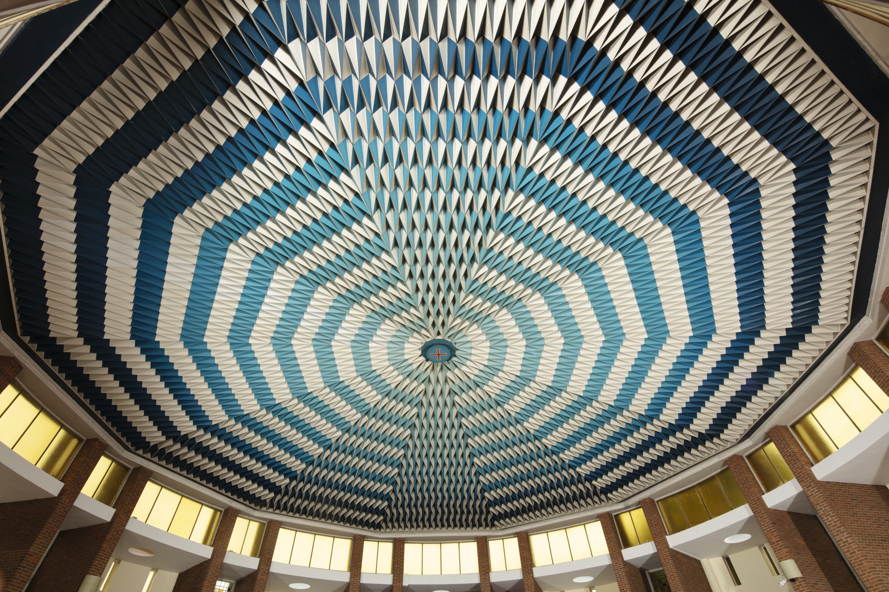 Tetrahedral blue and white ceiling