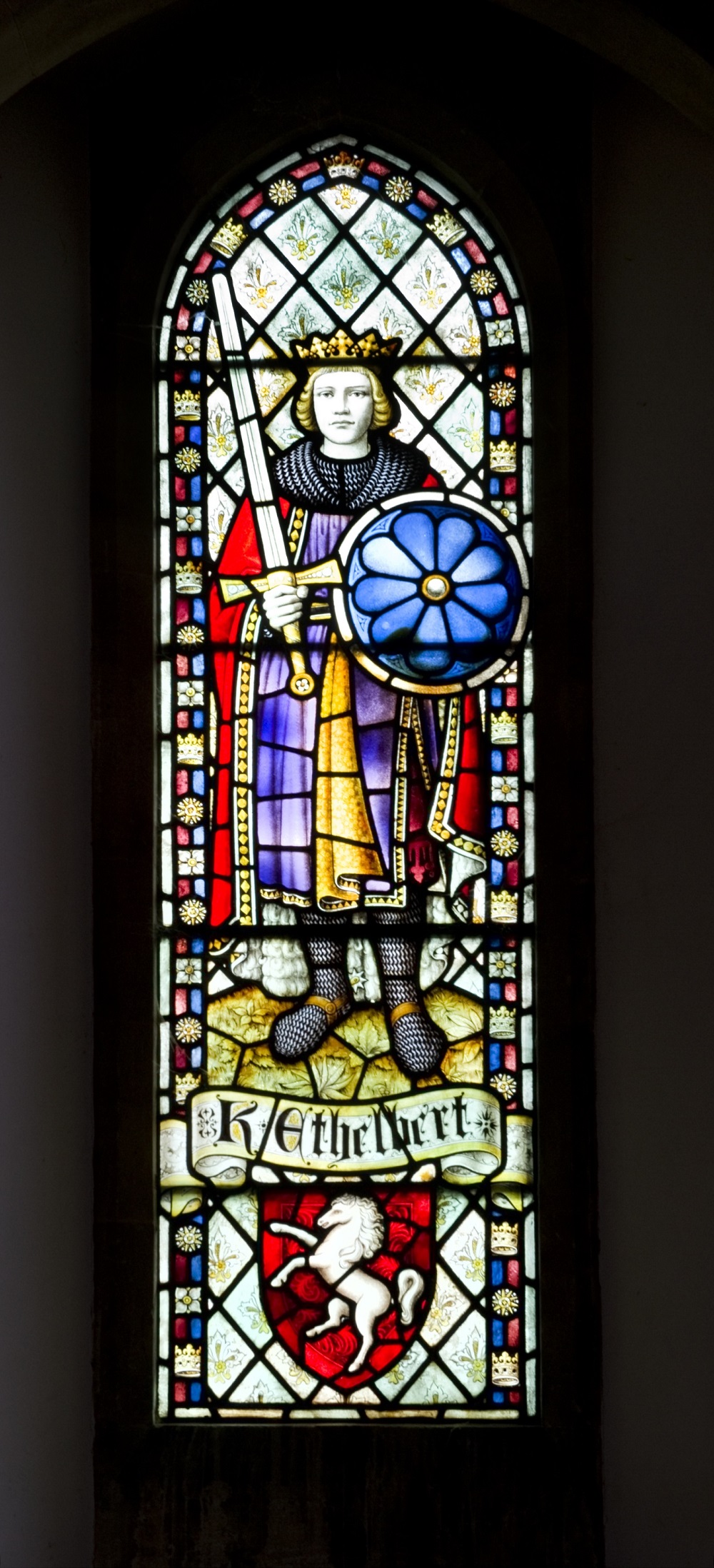 A wonderful detailed view of the stained glass window showing King Ethelbert in St Mary's Church, Herne Bay, Kent