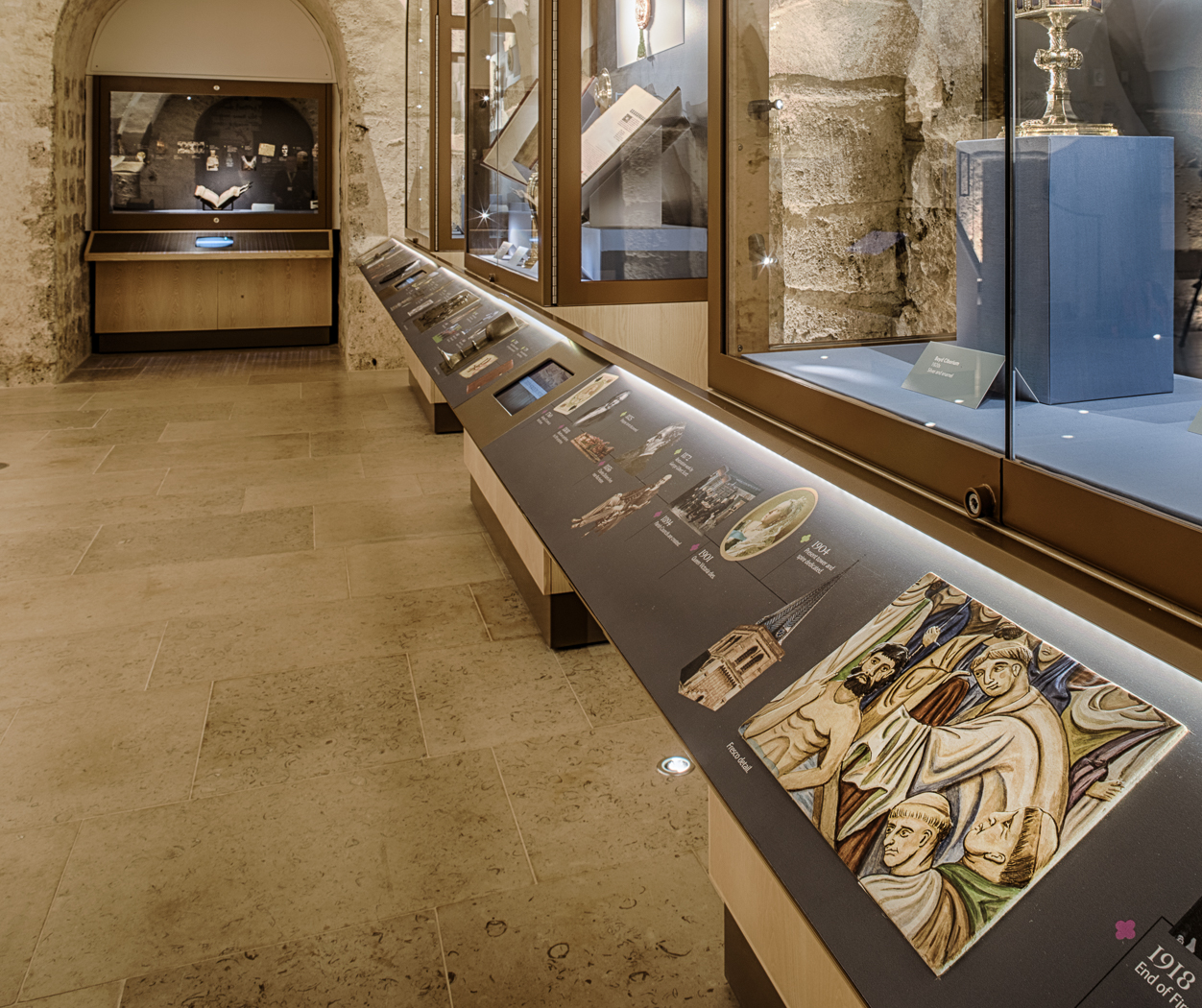 The exhibition space in the Crypt, showing the new display cases and interpretation.