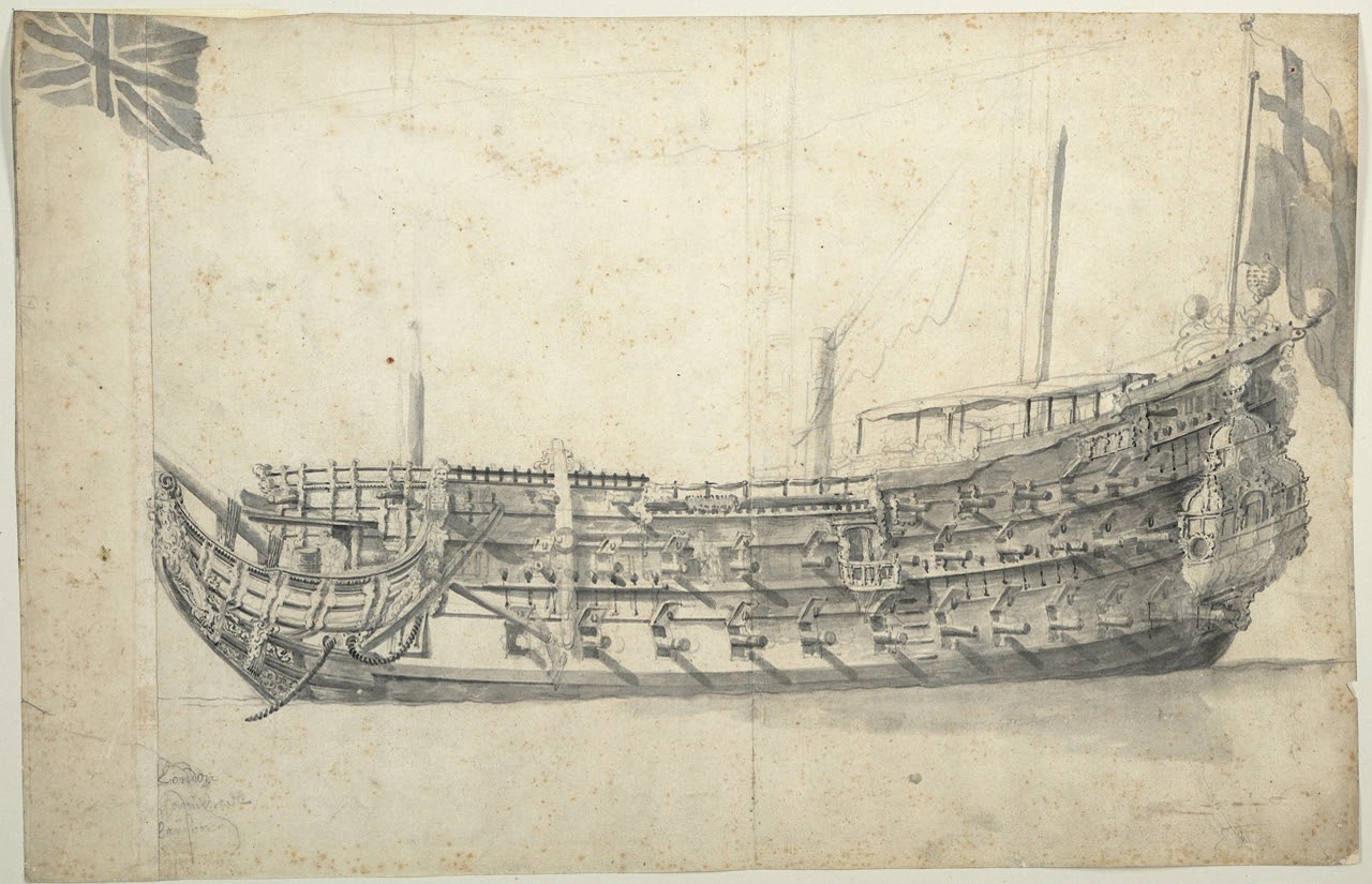 Pencil and wash illustration of a warship viewed from the side, with a flag flying from the stern at right. Only the lower portions of its masts are visible. At top left is a separate drawing of a Union Jack.