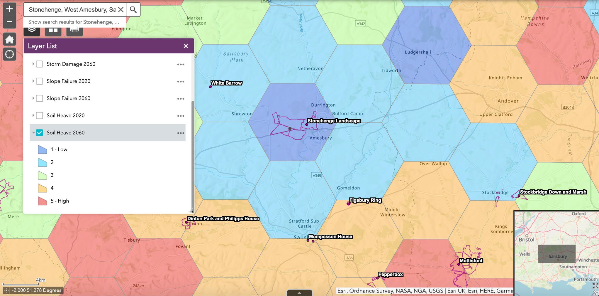 A screenshot of a climate hazard mapping tool showing risks attributed to West Amesbury, Wiltshire, against a background of hexagons. An insert shows the position of area mapped  on a map of southern England.