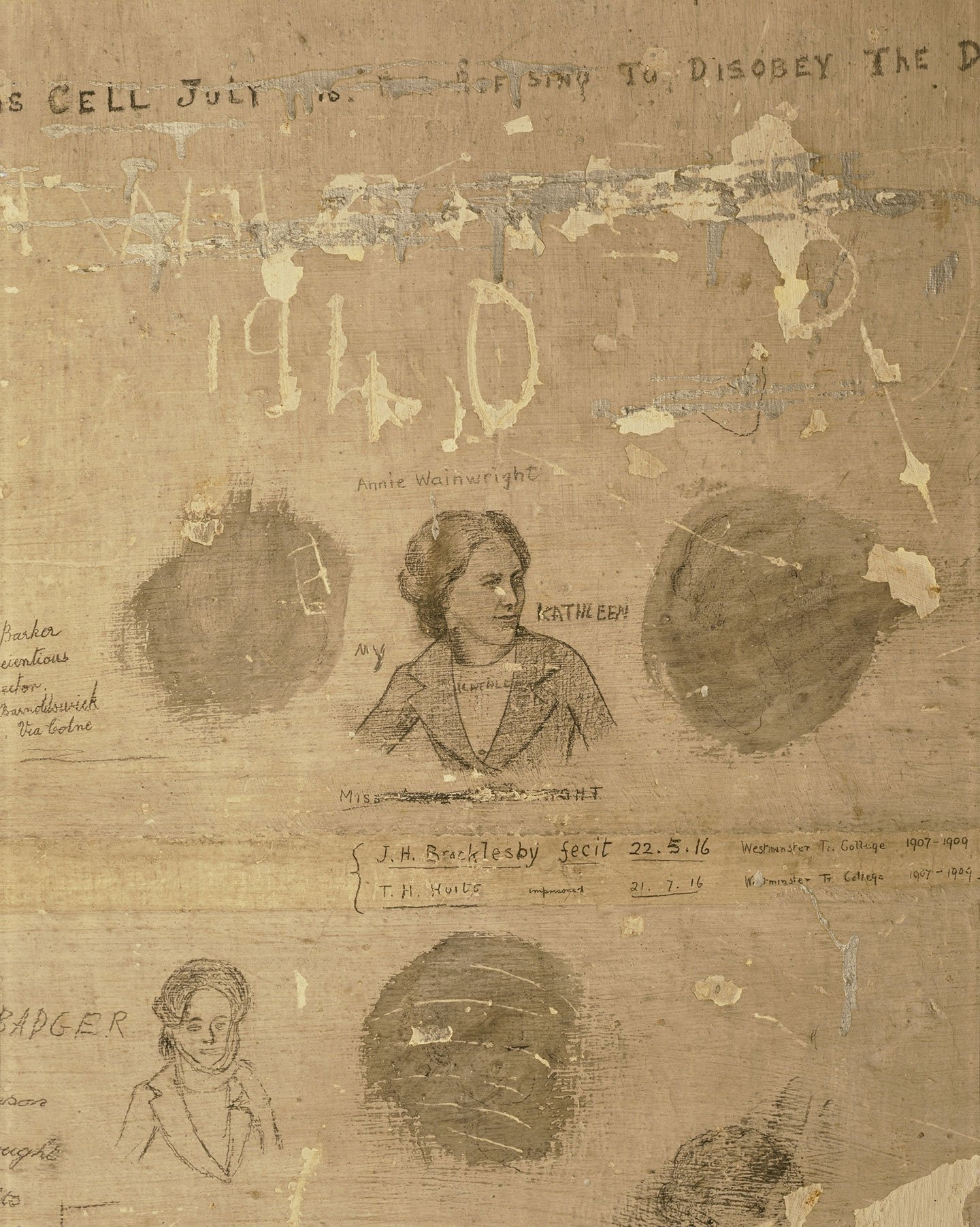 Detail of pencil drawings and inscriptions made by conscientious objectors held in the cell block at Richmond Castle, Yorkshire, in 1916