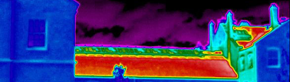 Thermal image of buildings to demonstrate energy heat loss