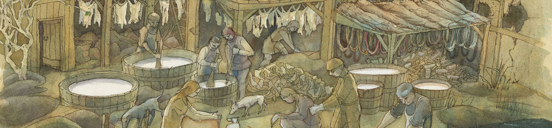 Reconstruction drawing of medieval tannery