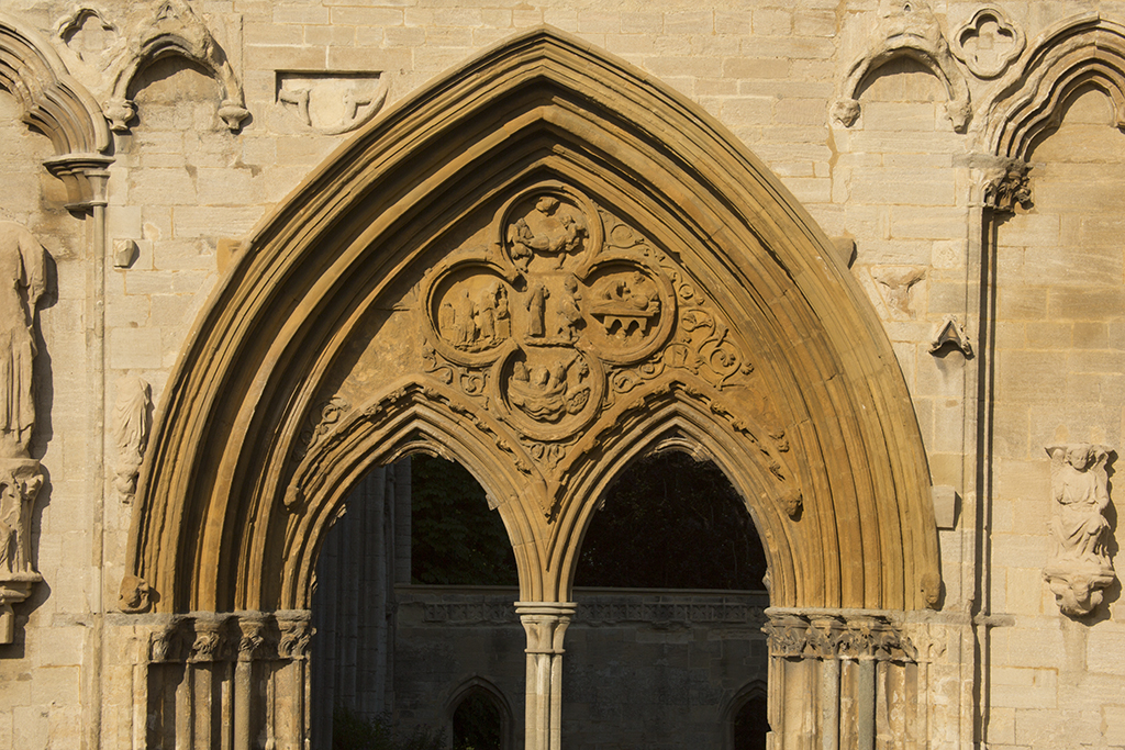 Close up of some carving on an archway at scheduled and Grade I listed Crowland Abbey, Crowland.