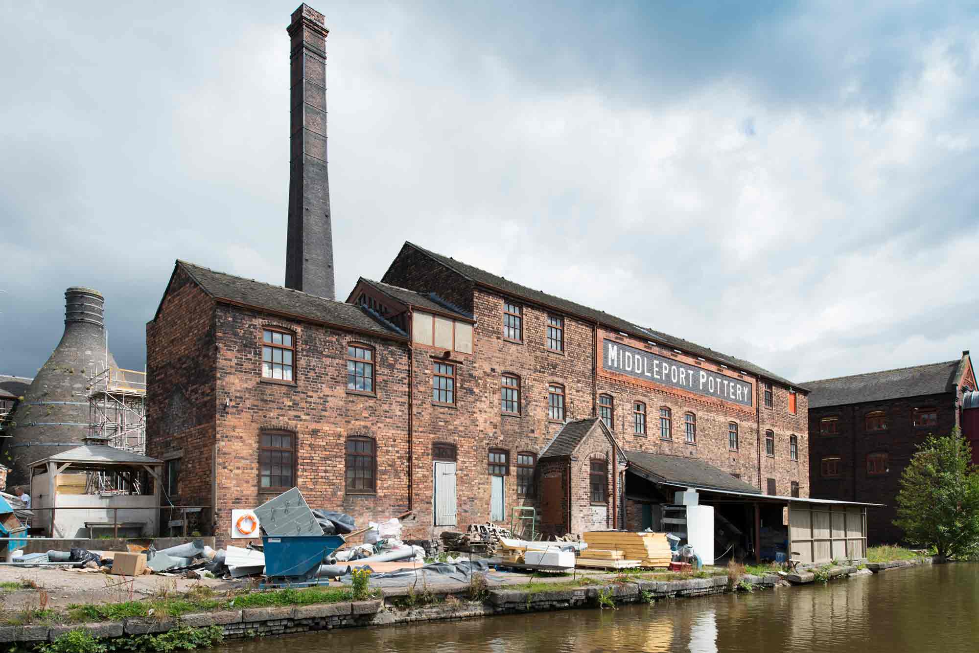 General view of Middleport Pottery from west across the Trent and Mersey Canal