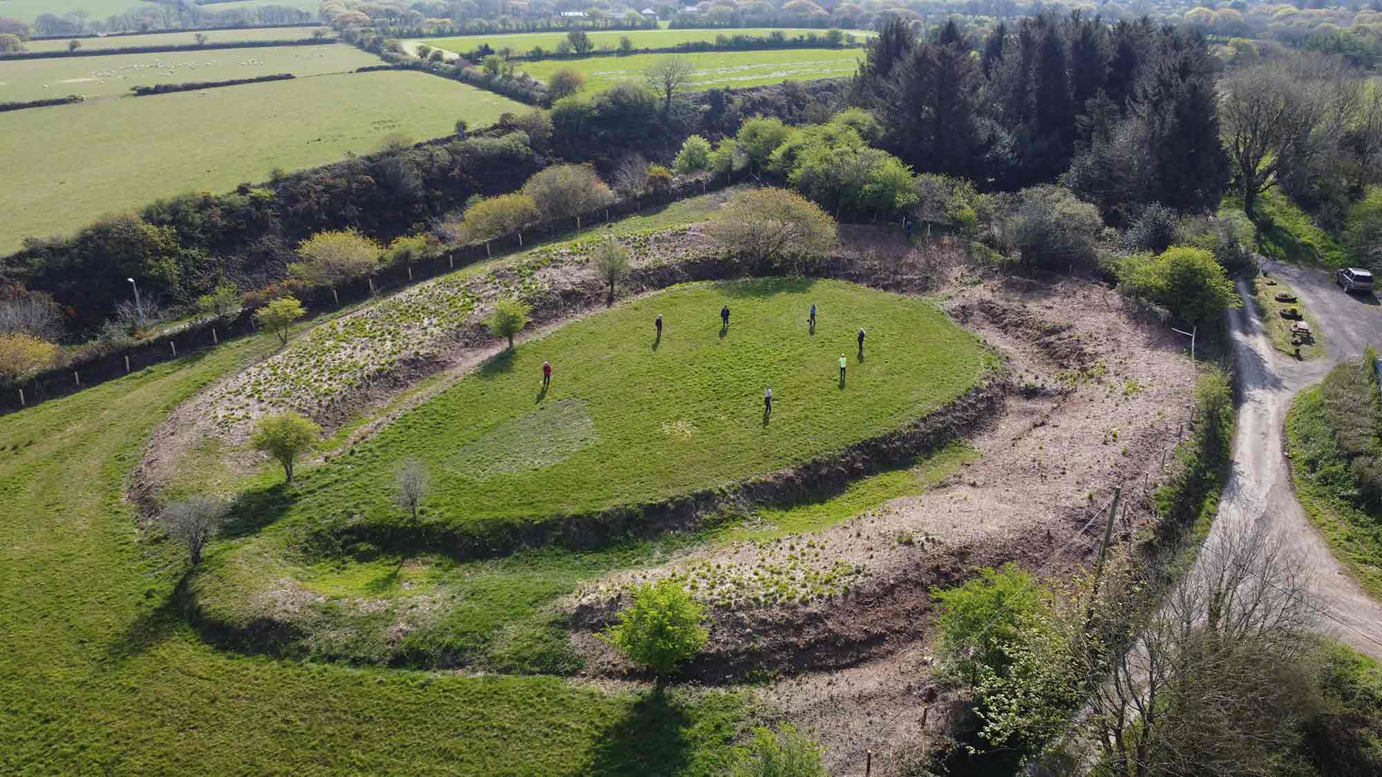 Aerial view of Castilly Henge with volunteers marking out the position of the newly discovered stone circle