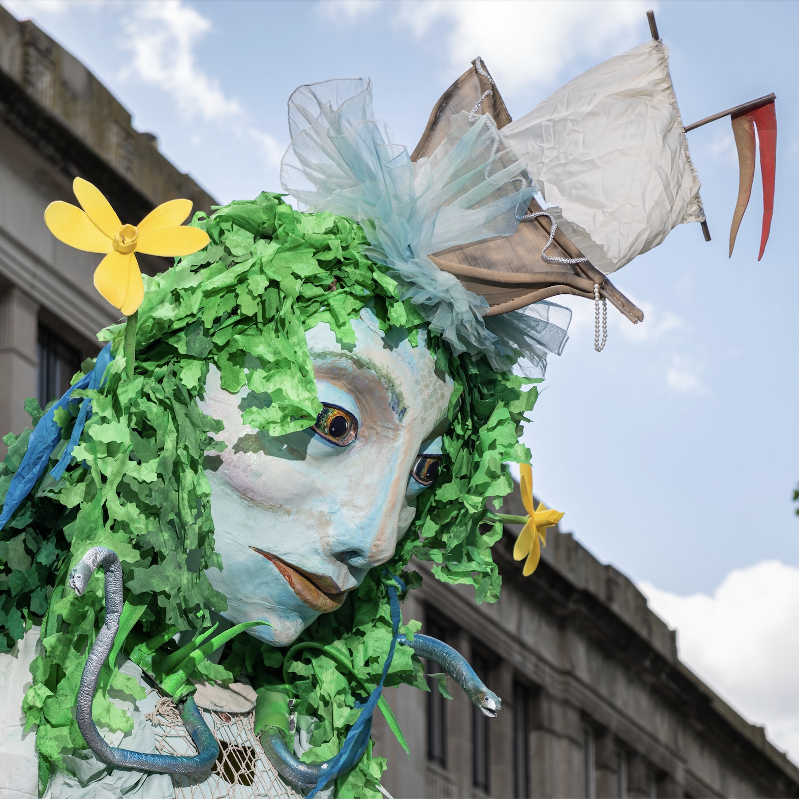 Close-up image of the face of a puppet: Sabrina, the Spirit of the River Severn.