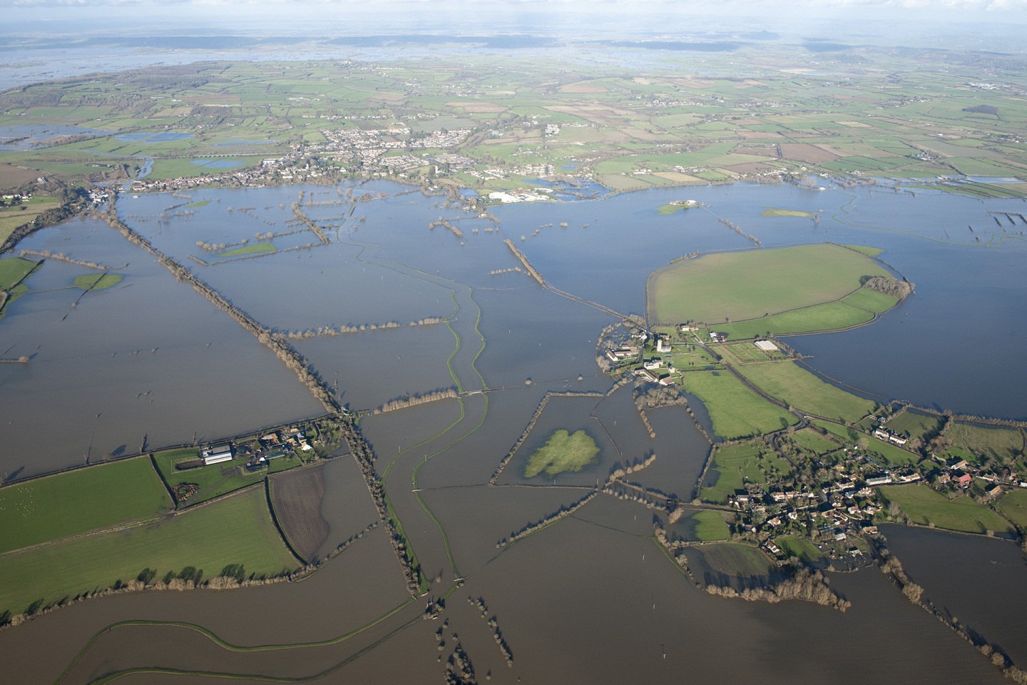 Aerial view ofl Muchelney Abbey, Somerset flooding in 2012