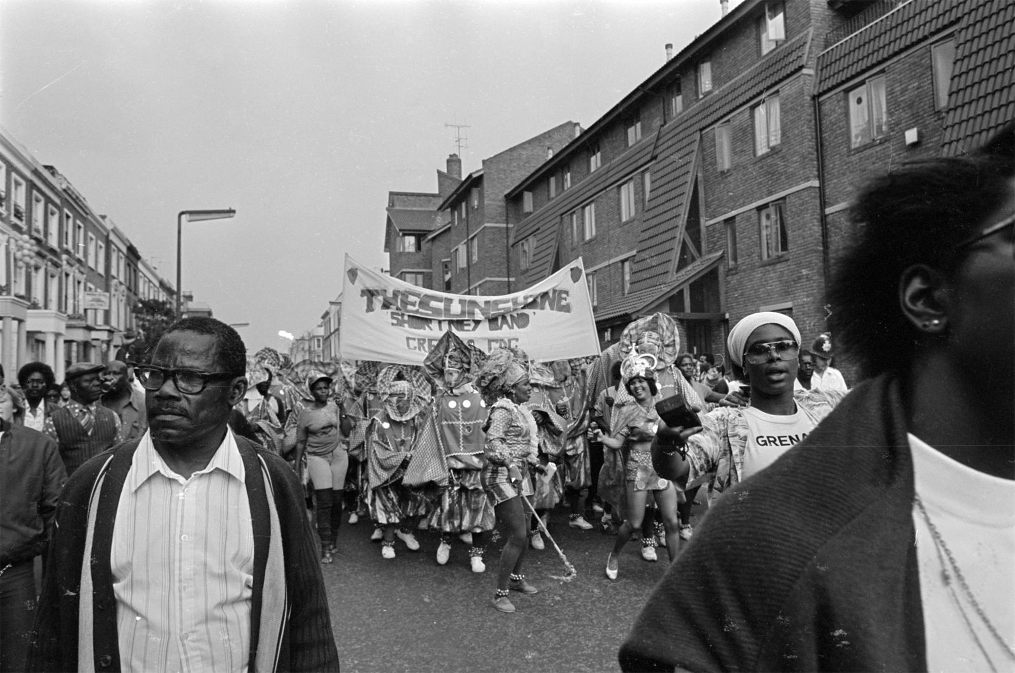Black and white crowd photo at Notting Hill Carnival