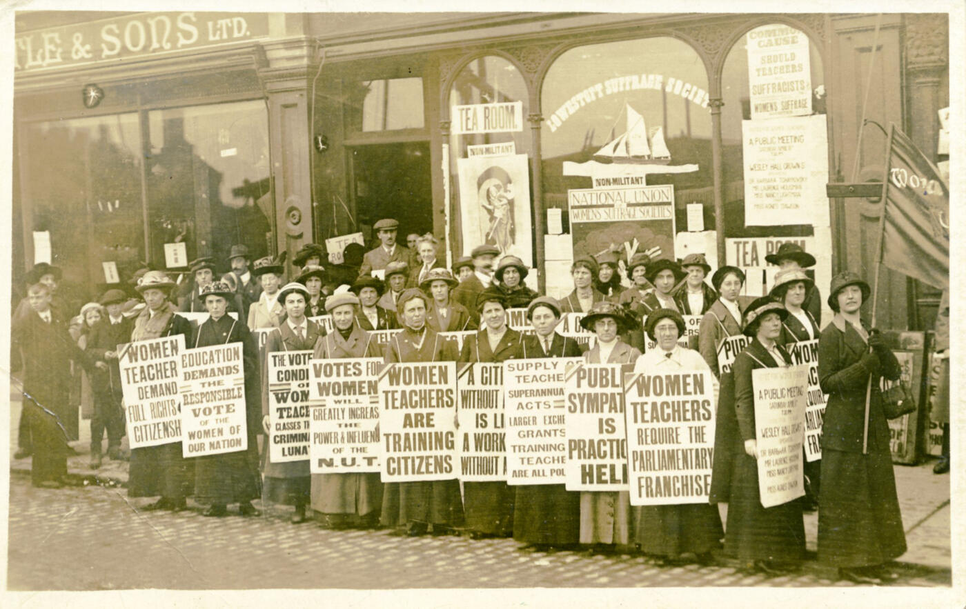 Postcard of women with equal pay placards
