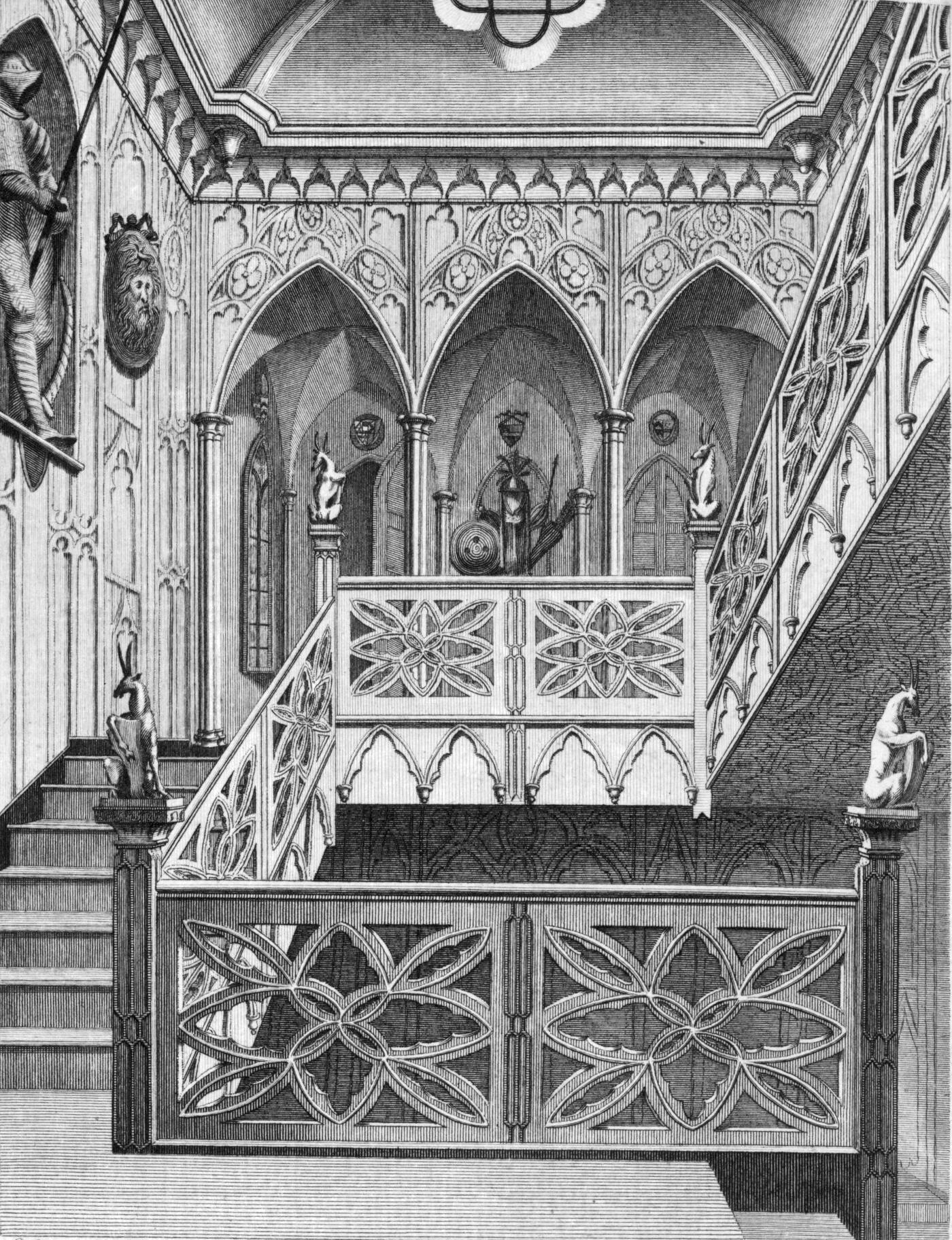Engraving of a staircase at Strawberry Hill House